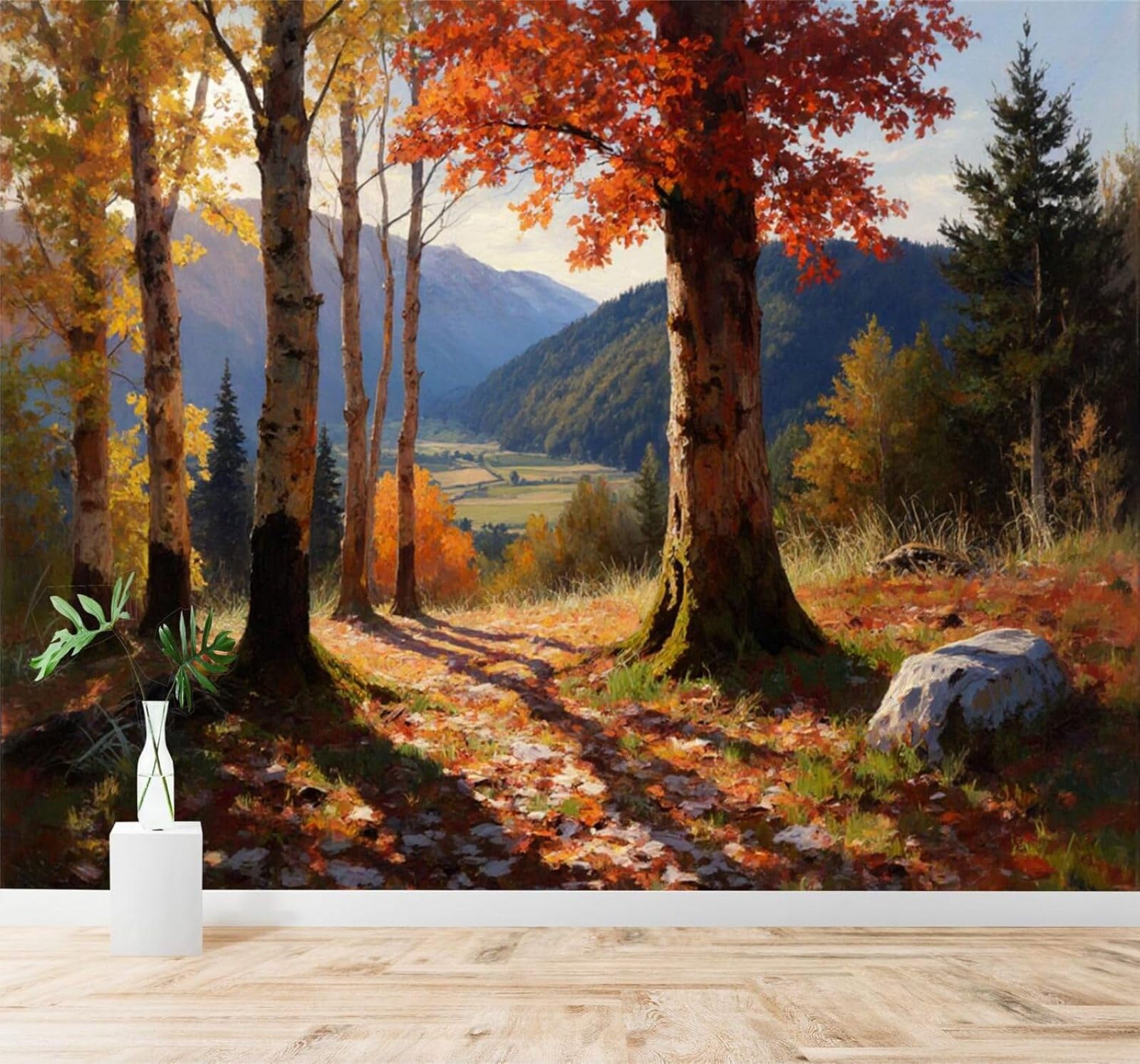 Xlming 250Cm×170Cm(B×H) Autumn Forest Footpath Mountains Colourful Trees Valley Scenery 3D Wallpaper Silky Texture Home Study Office Grey Dining Room Sofa Bedroom Living Room Tv Backdrop-250Cm×170Cm