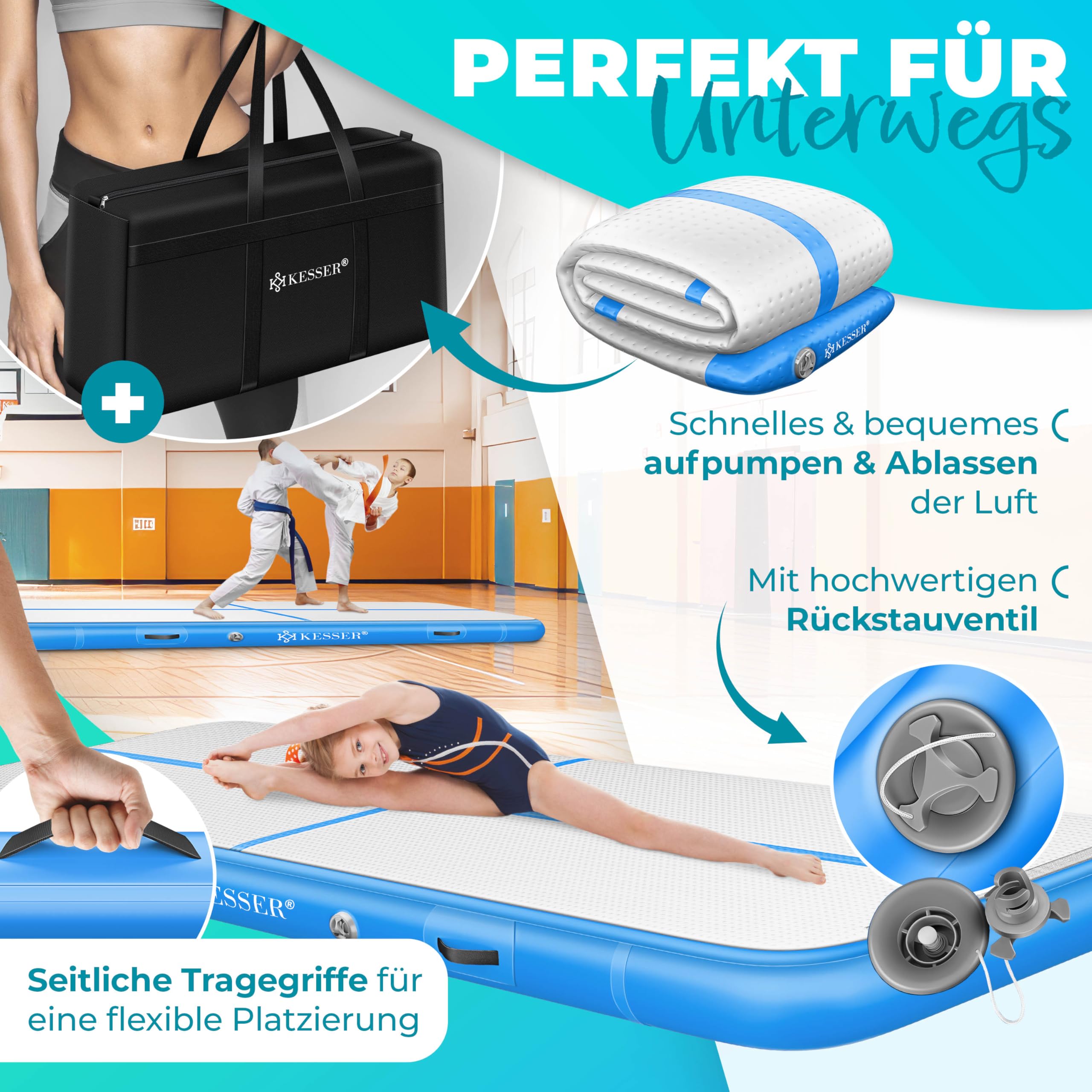 KESSER® Tappeto da palestra, con Borsa di Trasporto e Pompa ad Aria Elettrica, Yoga, Fitness, Tumbling, Ginnastica, Tappeto da allenamento, Gonfiabile