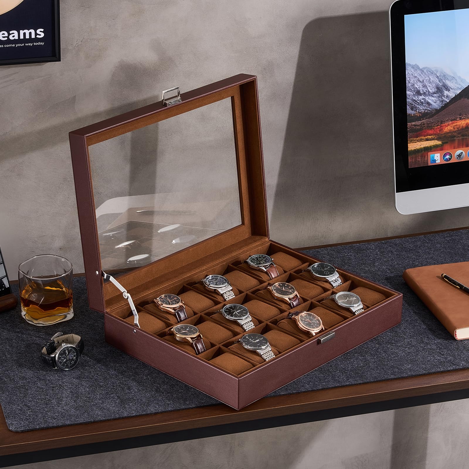 ProCase Boîte à Montres 21 Slots, Coffret Rangement Montres Grande Capacité, Couvercle Transparent Anti-Poussière, Protection et Présentation Élégante -Marron