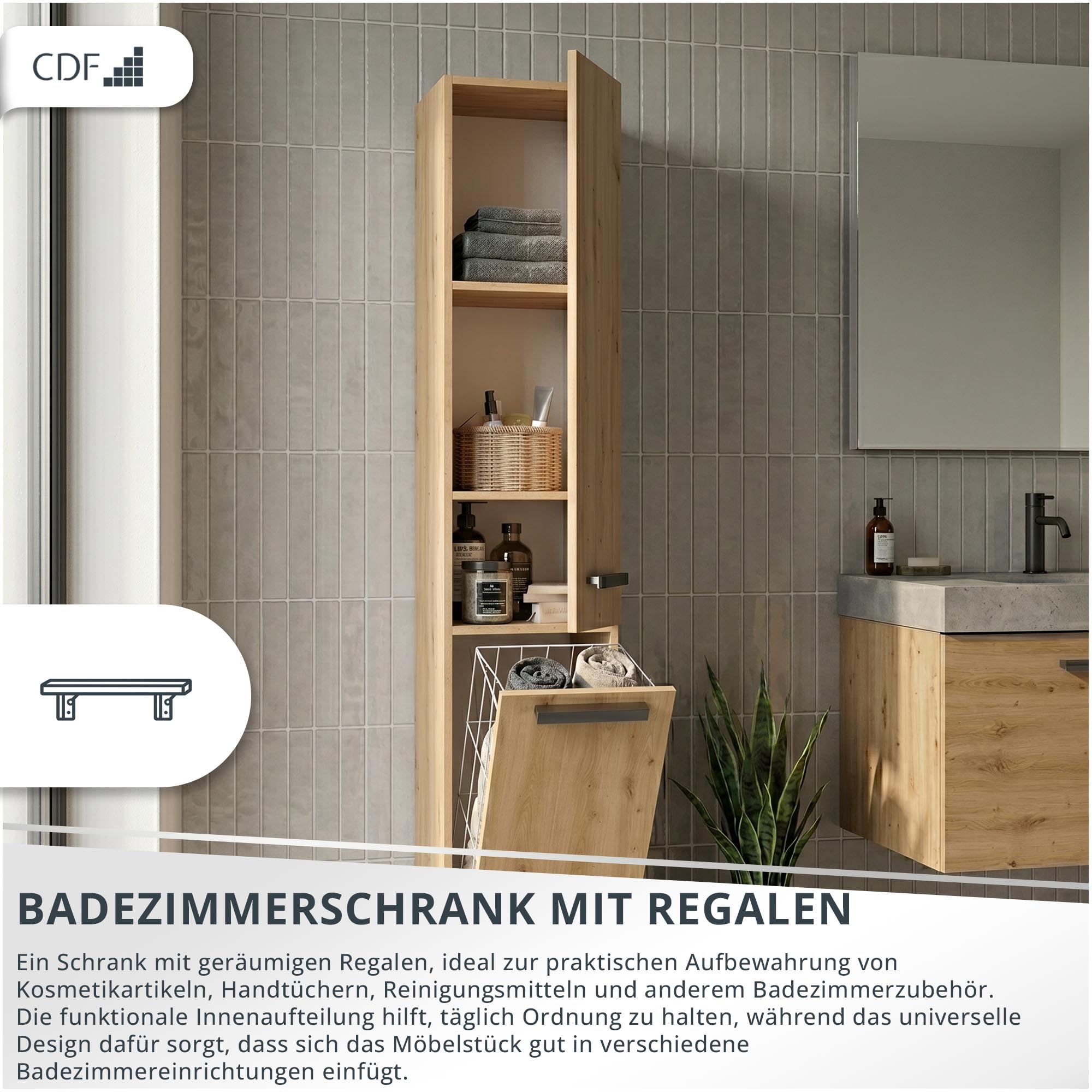CDF Badezimmerschrank Badschrank Schmal Hoch, Bad-Hochschrank mit 1 Wäschekorb Breite: 31 cm, Badezimmermöbel Aufbewahrungsschrank für kleine Räume Badmöbel WC Eiche Artisan/Anthrazit 30x31x174 cm