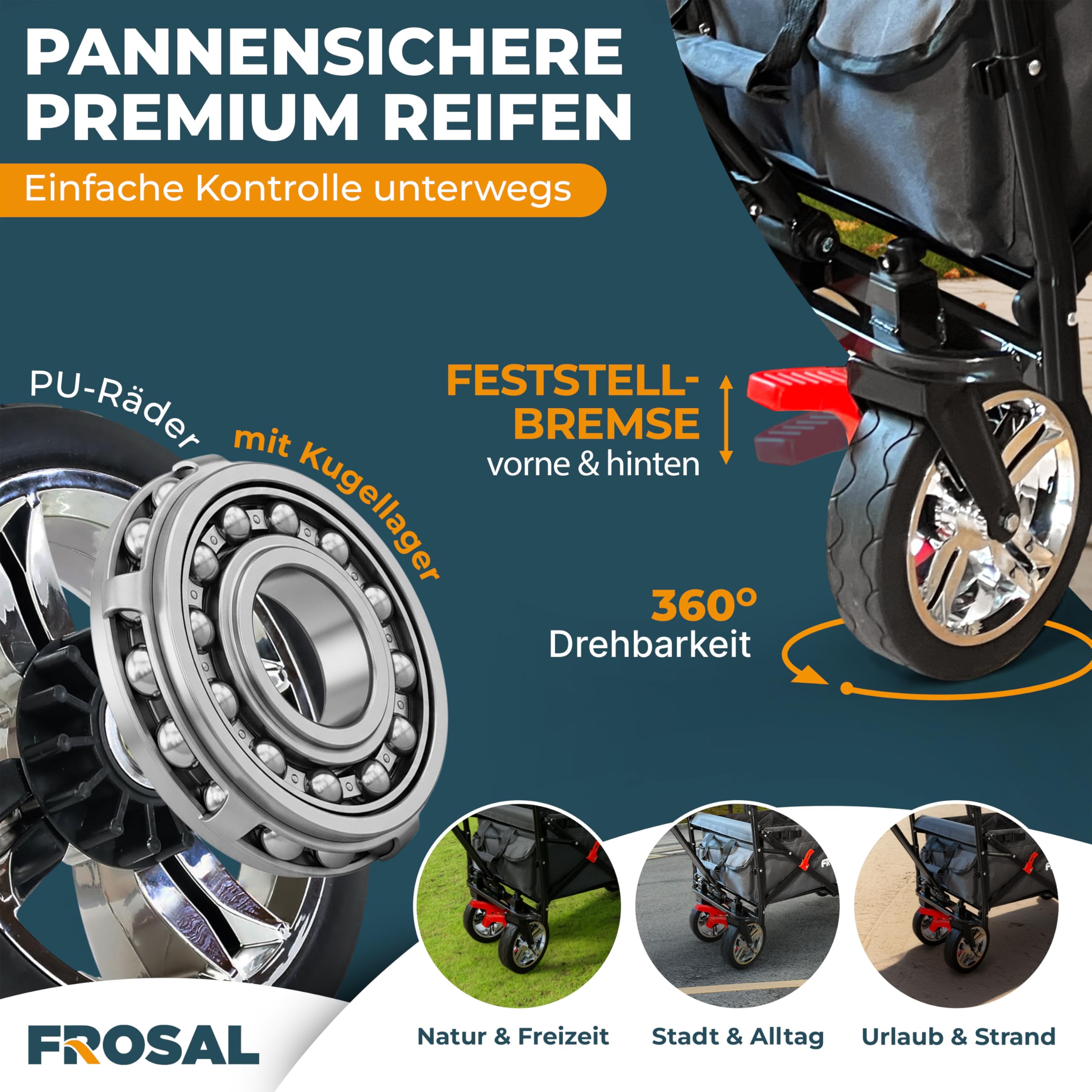 FROSAL Bollerwagen Leo grau – faltbar mit Sonnendach LSF 25 – pannensichere PU-Räder Ø ca. 20 cm – 80 kg Traglast – Vorderräder 360° drehbar – Bremsen vorne & hinten – Schiebegriff & Zugstange