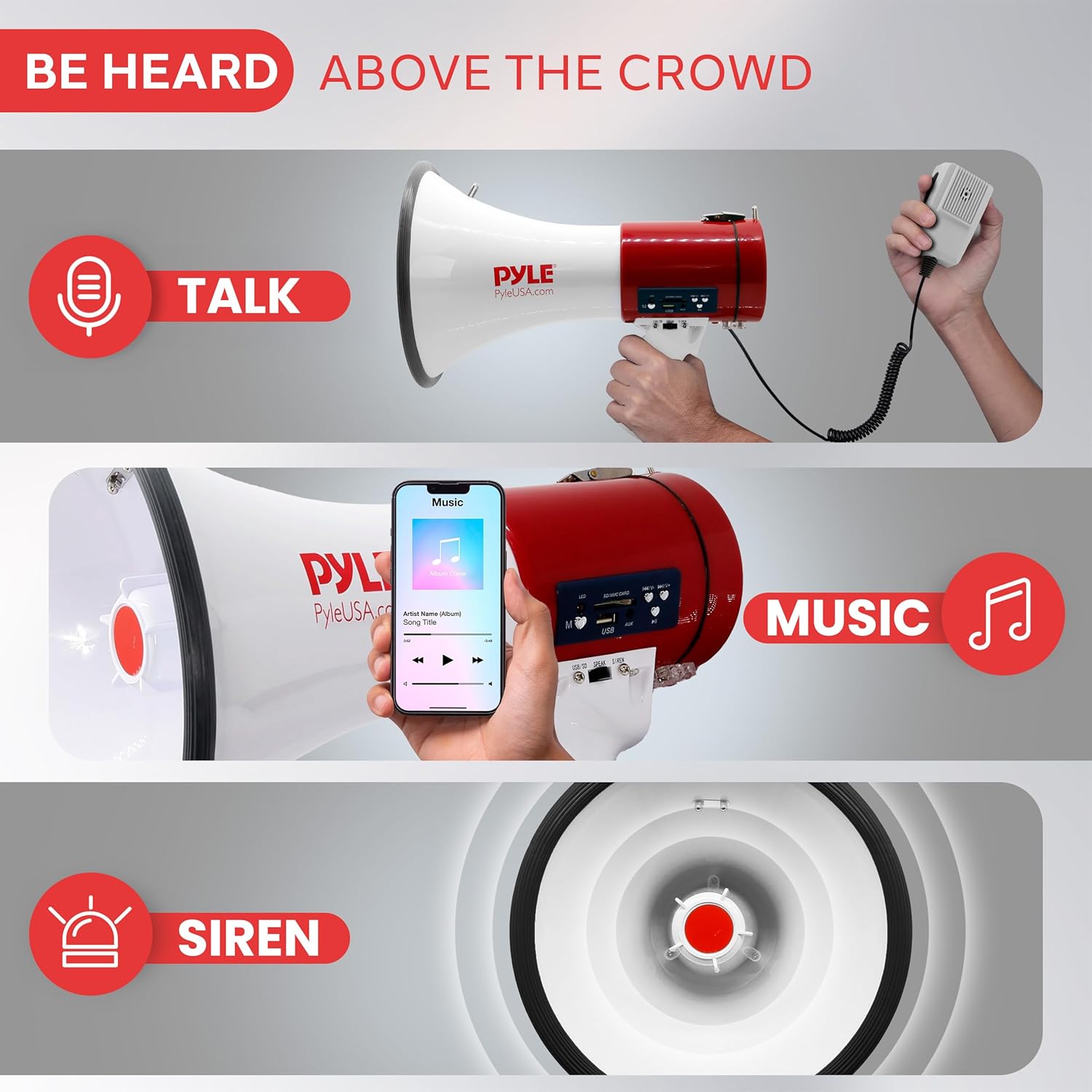 Pyle 50W Megaphone Bullhorn with Siren & Detachable Microphone - Portable Lightweight Design, Rechargeable Battery, 1600 Yards, Ideal for Police, Cheerleading & Outdoor Events, White