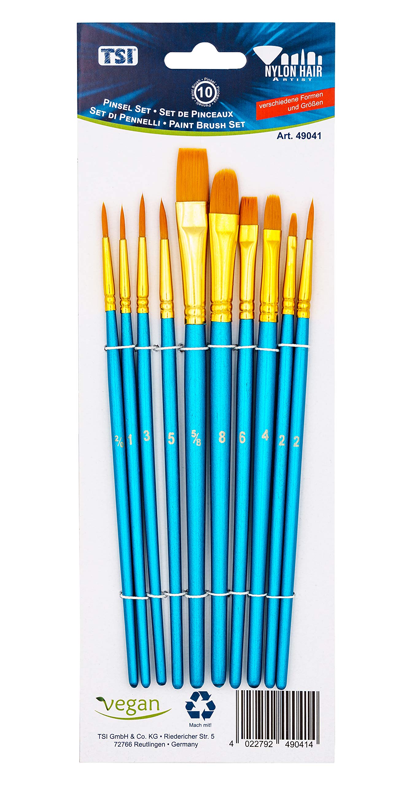 StarTreene 10 Künstlerpinsel Set - Katzenzungen, Fächer, Schrägzieher, Nylon, Für Aquarell & Acryl