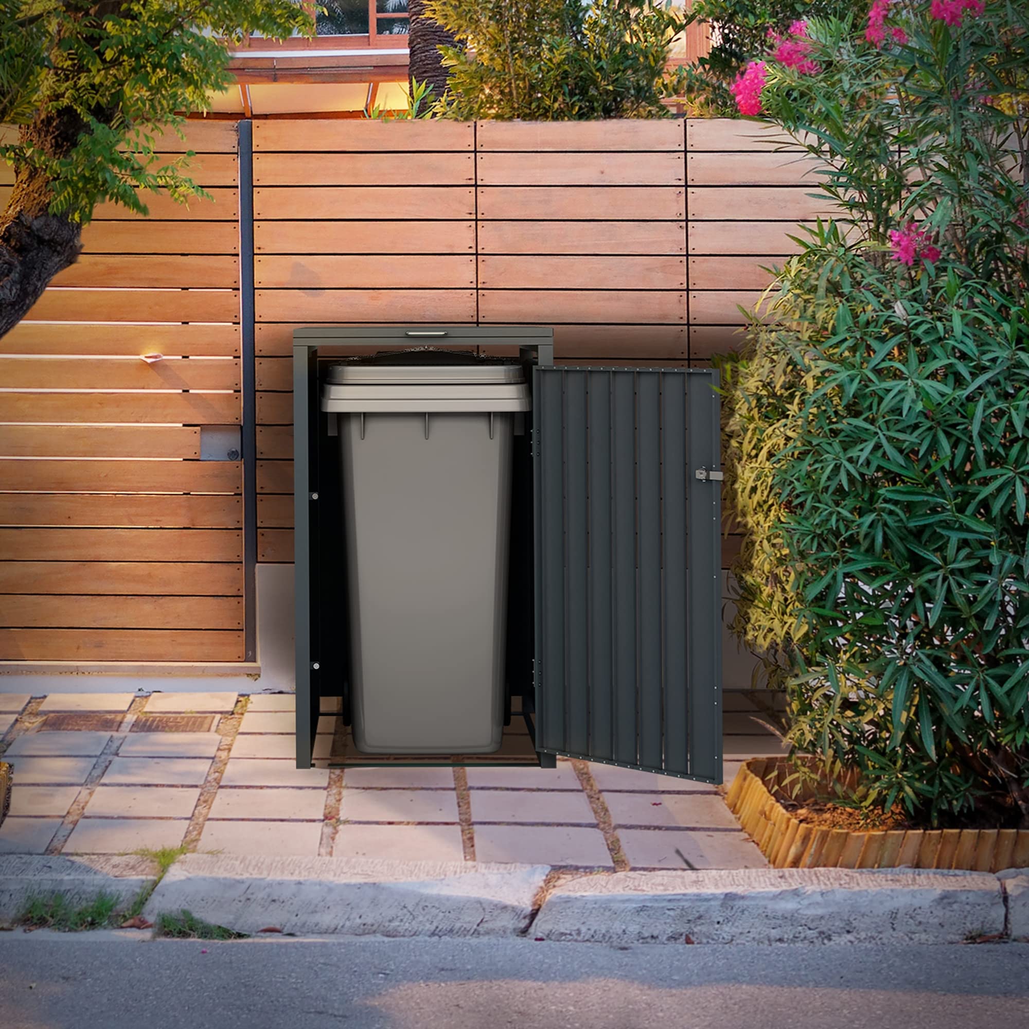 ML-Design Box pour 1 Poubelle, 240L, 68x80x116,3 cm, en Acier, Anthracite/Aspect Chêne, Résistant aux Intempéries, Habillage de Poubelle avec Couvercle Rabattable/Porte, Conteneur Abri Hangar