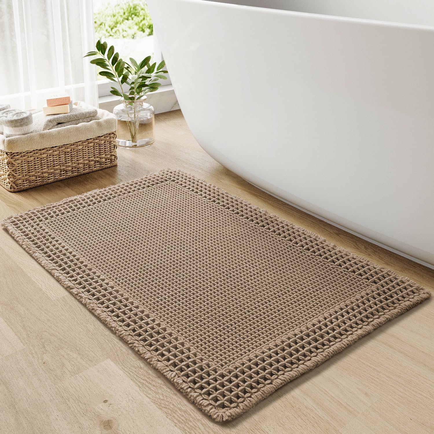 RESARE Waffle Bath Mat, Super Absorbent Non Slip, Machine Washable, Ultra Soft Boho Bath Rugs with Tassels, Upgraded Bordered Design, 17"x24" Brown