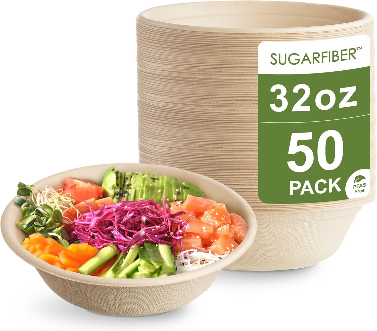 Harvest Pack 50 Ct PFAS-Free 32oz Compostable Bagasse Bowls - Heavy-Duty Microwave Safe Eco Soup Bowls for Takeout Meal Prep