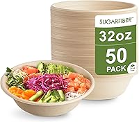 Harvest Pack 50 Ct PFAS-Free 32oz Compostable Bagasse Bowls - Heavy-Duty Microwave Safe Eco Soup Bowls for Takeout Meal Prep