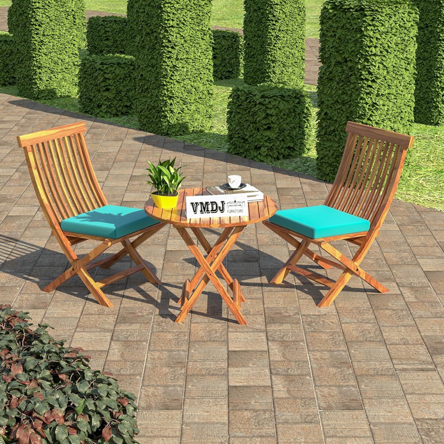 Sheesham Wooden Chair with Table Set Outdoor Balcony Garden Coffee Table Set Furniture (Brown with Blue Cushion)-image-39