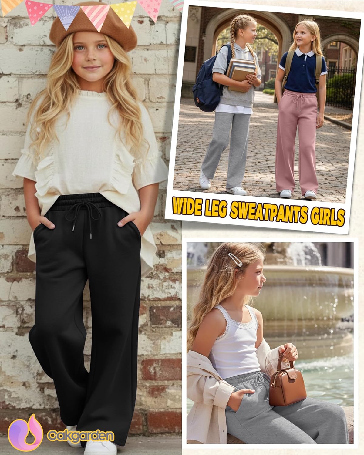 3 Pack Girls' Sweatpants Wide Leg Drawstring Athletic Pants Kids Elastic Waist Baggy Casual Joggers with Pockets - Image 2