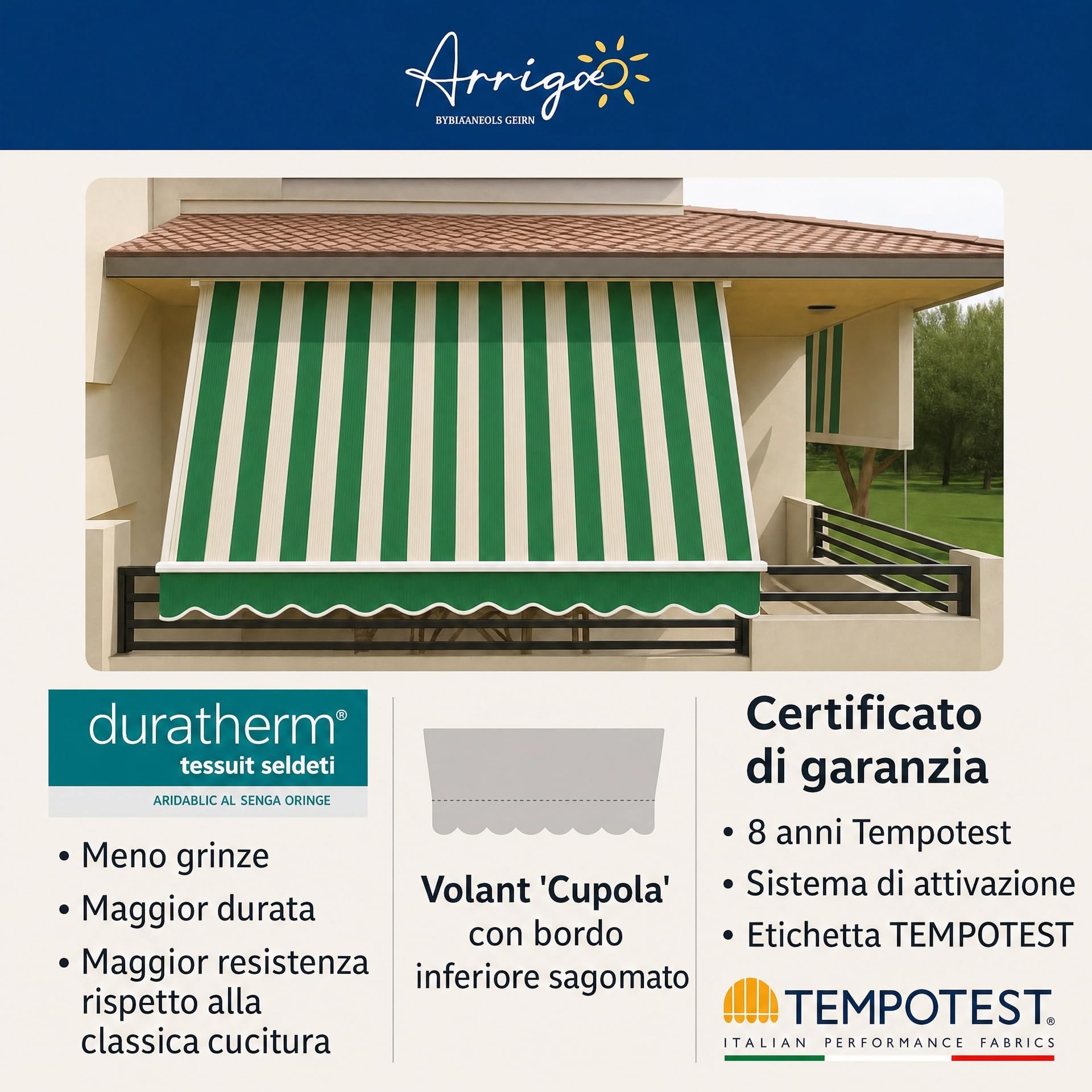 Arrigo Atelier Tenda a Caduta Libera su Misura per Balconi e Verande, Tessuto Tempotest Idrorepellente Anti-UV, Braccetti Regolabili su Ringhiera, con o senza Cassonetto (CON CASSONETTO)