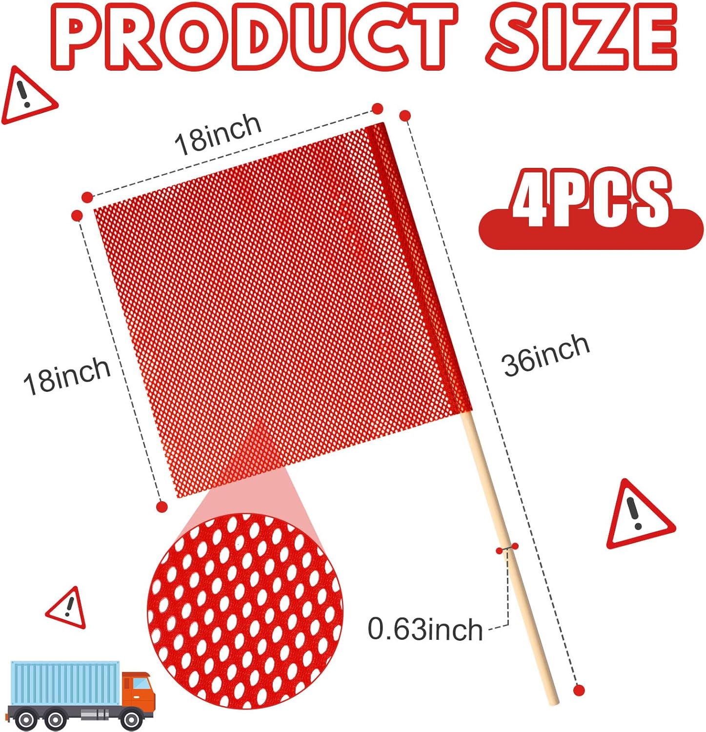 Jecery 4 Packs 18 x 18 Inch Oversize Load Safety Flags Mesh Wide Load Warning Flags with 35.4 Inch Wooden Dowel for Trucks Trailer Transport and Pedestrian Crossings (Classic,Red)
