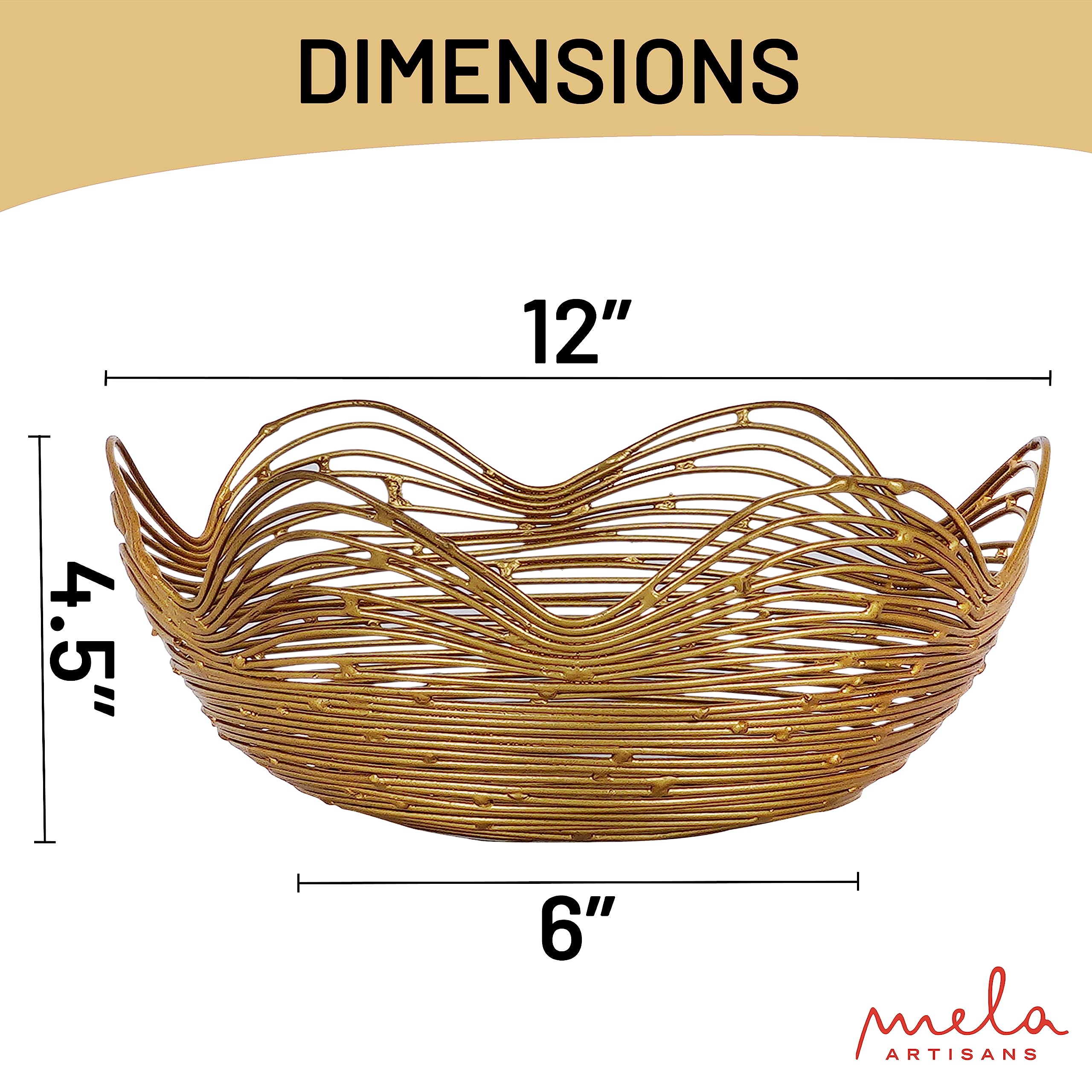 Mela Artisans Metal Bowl, Gold, Large, 12” x 4.5” x 6”, Ruffle Decorative Style Bowls for Fruits & More, Kitchen Counter w/Round Underneath, Handmade, Sustainable, Elegant, Modern