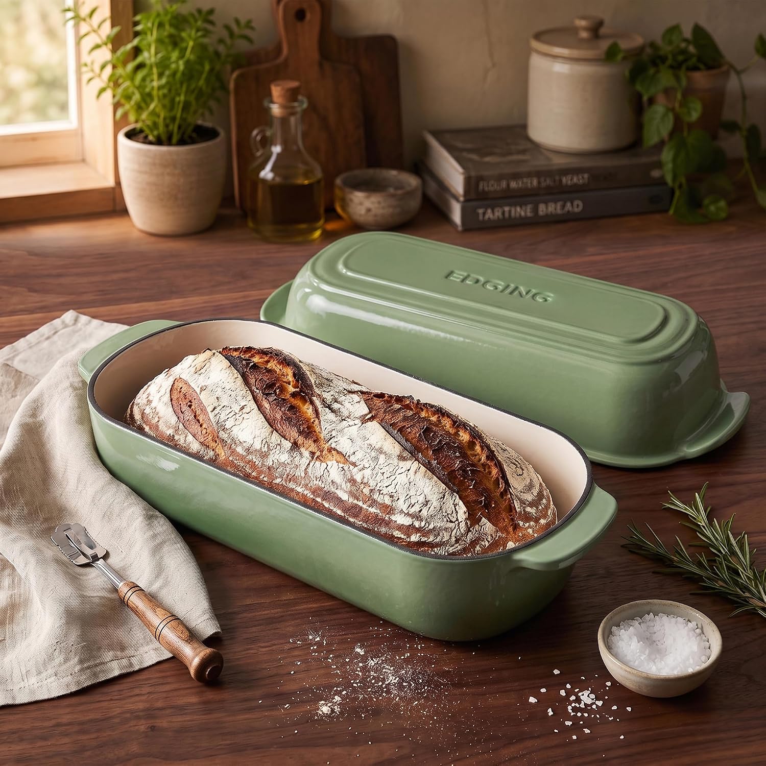 EDGING CASTING Enameled Cast Iron Loaf Pan with Lid, Bread pan, Dutch Oven Bread pan for Homemade Sourdough Bread Baking, 12.5x5.5 inch, 5qt, Pistachio Green