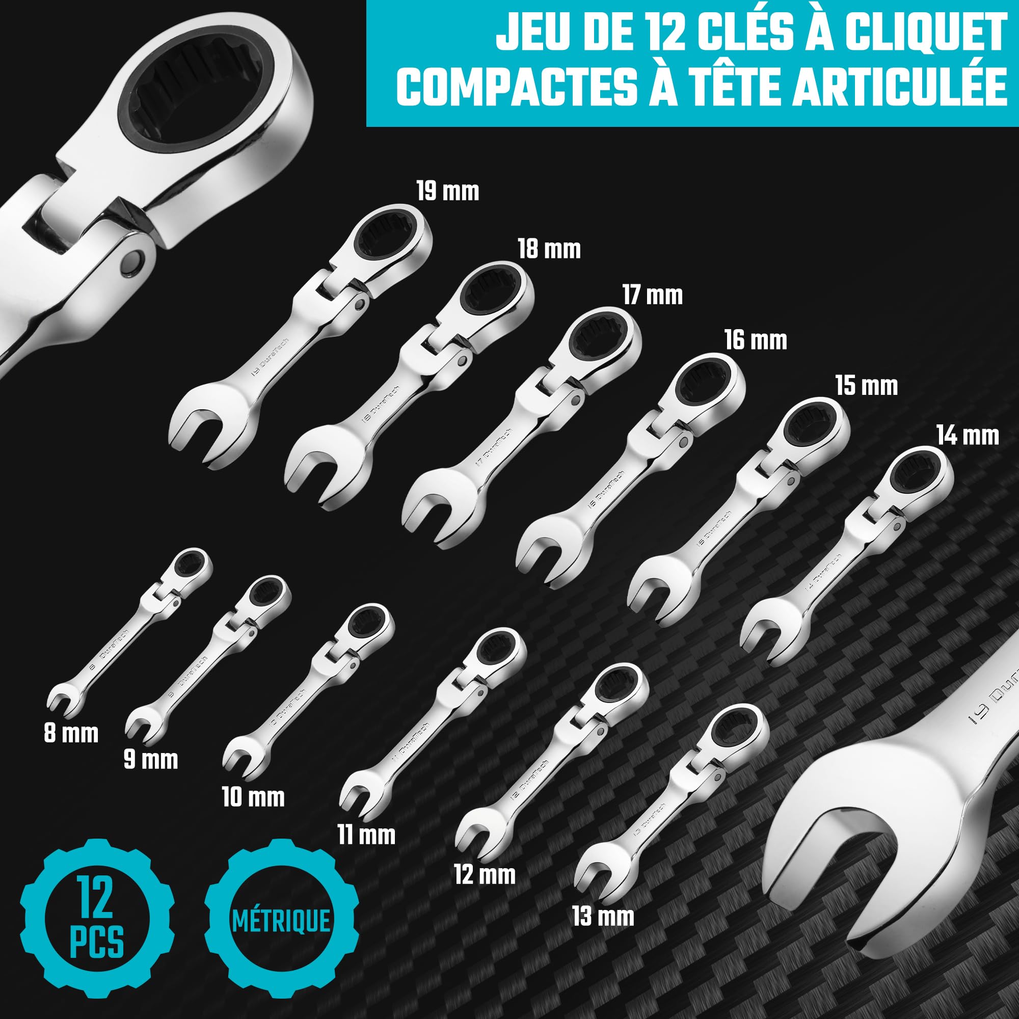 DURATECH Jeu de clés mixtes courtes à cliquet à tête flexible, 12 pièces | Tête Flexible, 8-19 mm, Cliquet, Acier Cr-V, Pochette Enroulable