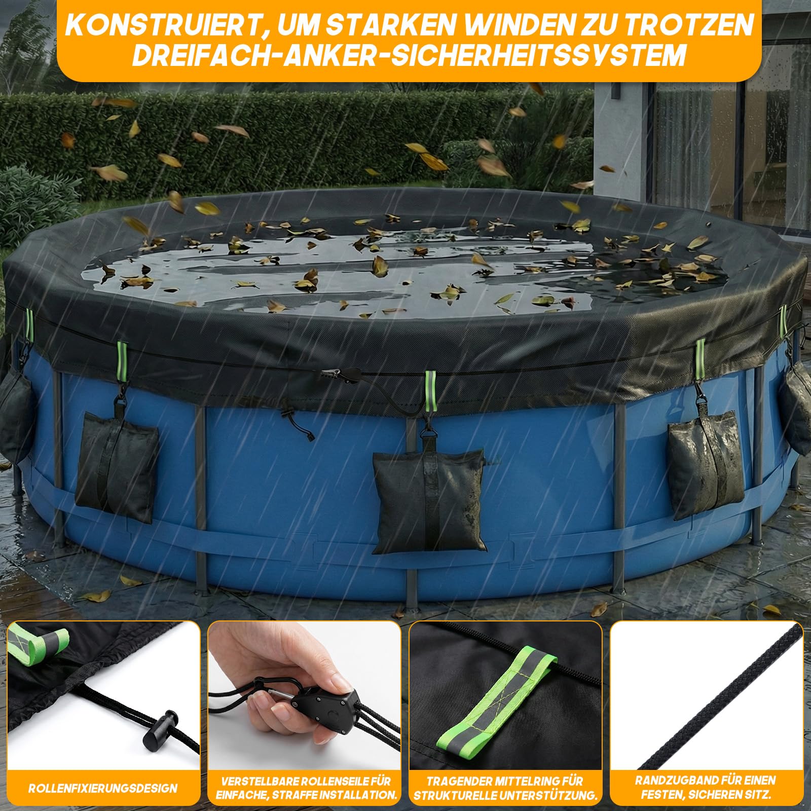 2026 Upgrade Poolabdeckung Rund 366 cm – mit Reflexstreifen und Eine gewogen Werden& 210D Oxford | Ganzjahresplane für Sommer und Winter (schwarz, 366CM)