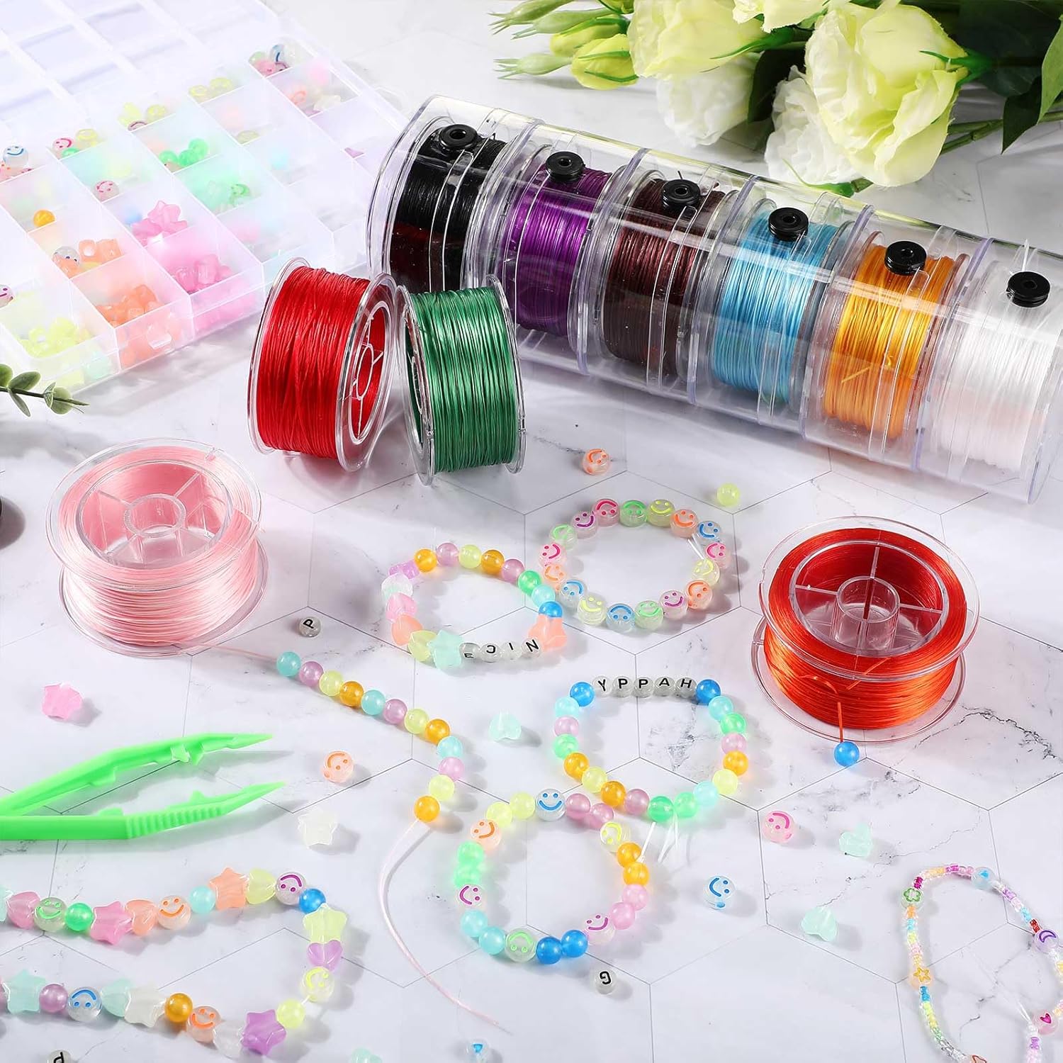 Ribbonlic 10 Rolls 0.8mm 1000 Yard Flat Stretchy Bracelet Strings with Organizing Cases Crystal Elastic Strings Bead Thread Cord for Jewelry Making Beading and Necklaces, Multicolor
