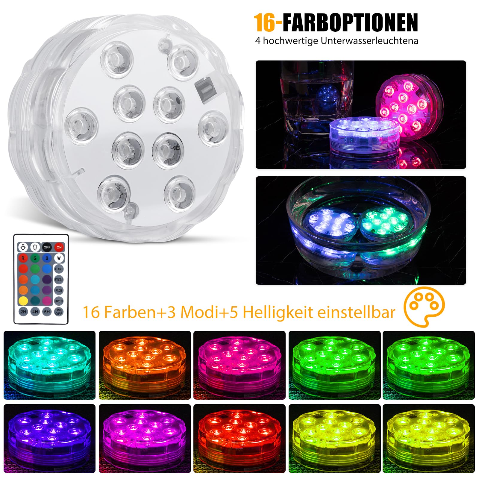 4 sztuki diod LED z pilotem zdalnego sterowania, zatapialne światło LED z pilotem zdalnego sterowania, wodoszczelne oświetlenie do akwarium, wazonu, spa, akwarium