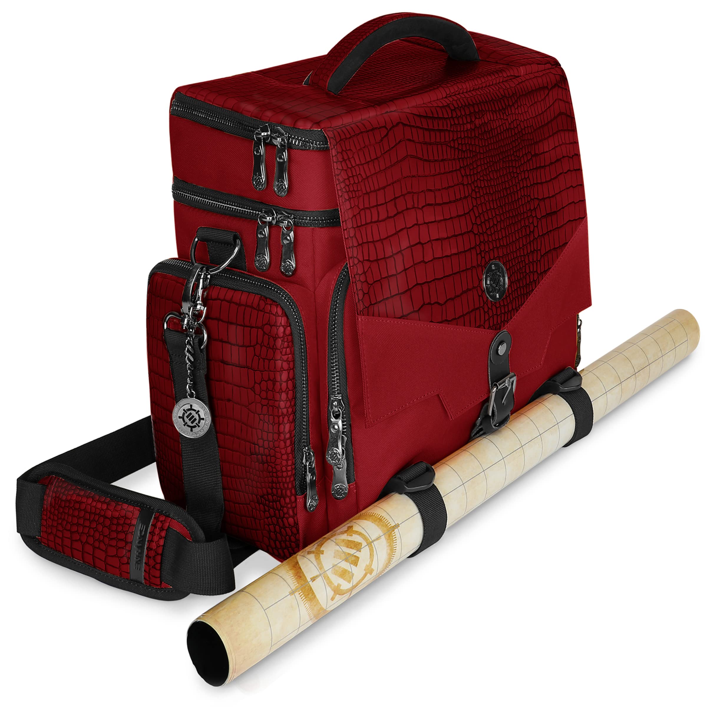 ENHANCE Collector's Edition RPG Adventurer's DND Bag - Dragon Hide Exterior Travel RPG Bag with Tabletop Miniatures Storage Vault, Mat Holder, DND Dice & Token Pockets, Fits 4-8 Books (Dragon Red)