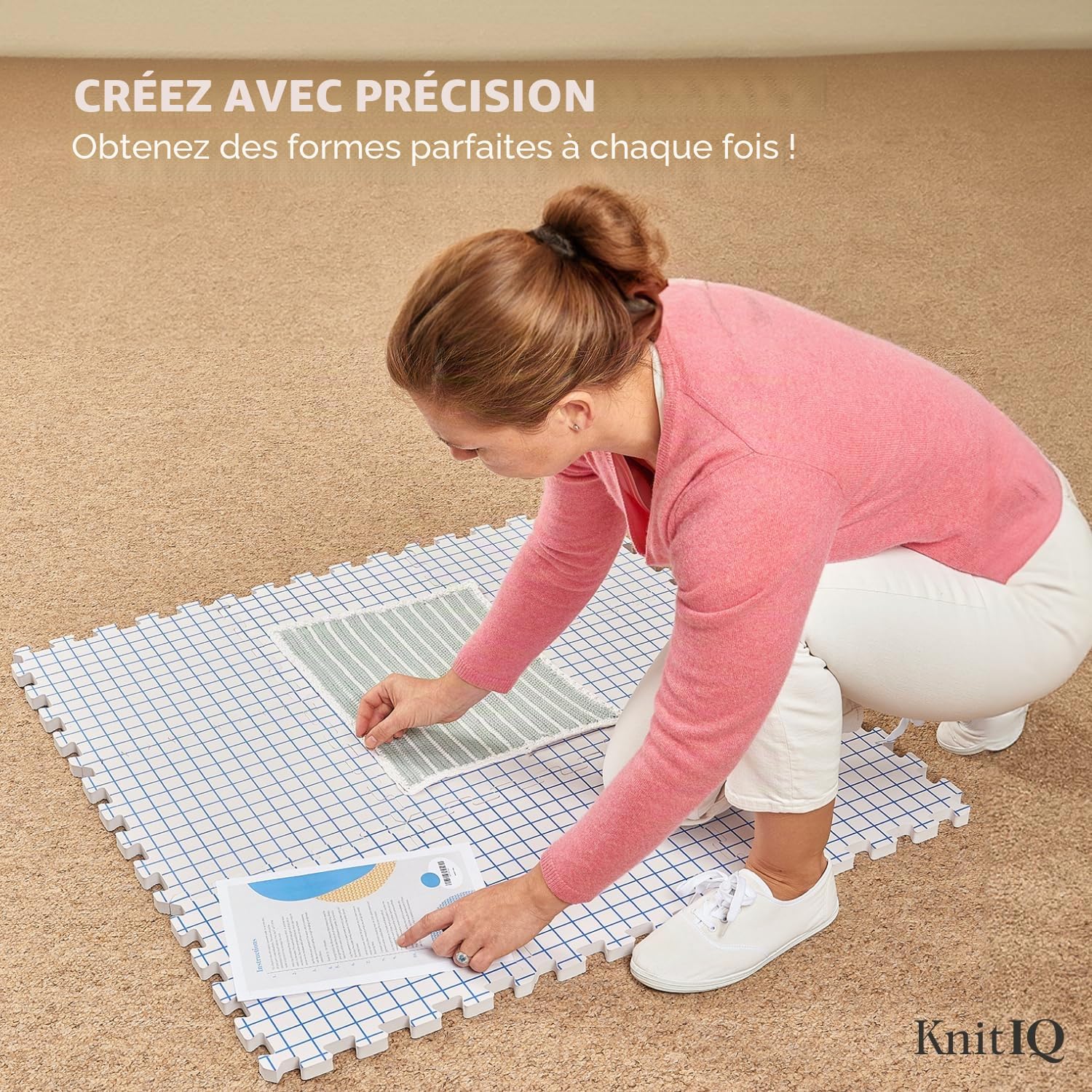 KnitlQ Premium Kit - 9 Tapis de Blocage Tricot de Mousse Extra Épaisse avec Grilles, 150 Épingles en T en Étain Artisanal, Sac Rangement Tricotage – Design Naturel