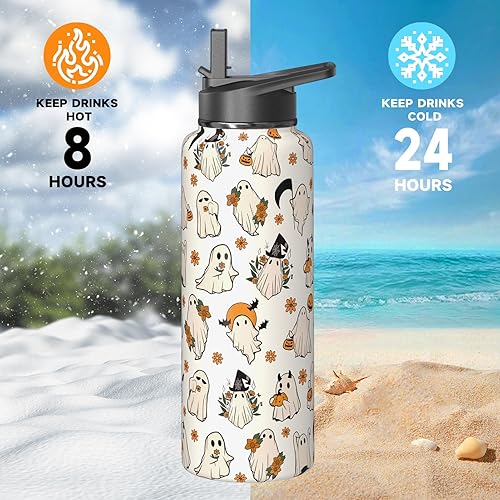 Miniatura 7 de Botellas de agua de fantasma de Halloween de 40 onzas con popote abatible y tapa de boquilla, bonita botella de agua de acero inoxidable