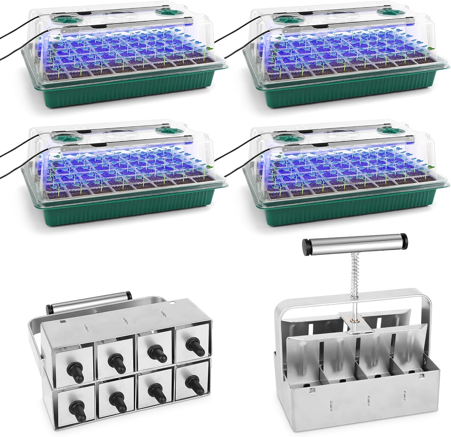 BlumWay 4 Pack 160 Cell Seed Starter Tray & 2 Inch 8 Cell Upgraded Soil Blocker