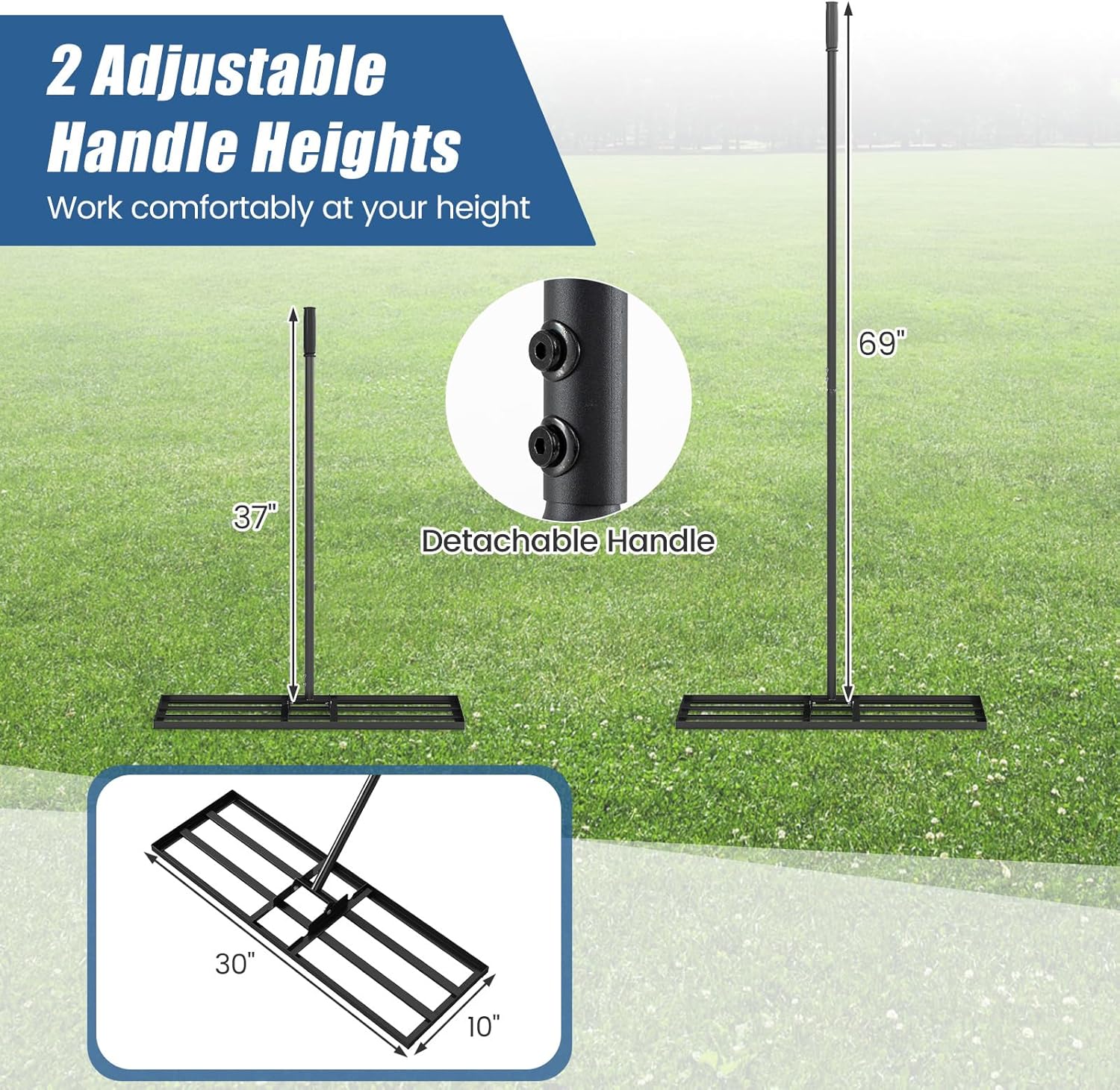 COSTWAY 30x10 Inch Lawn Leveling Rake, Soil Sand Dirt Leveling Tool, Ground Leveler for Yard, Landscape, Garden, Pasture (Black, 30"x10")