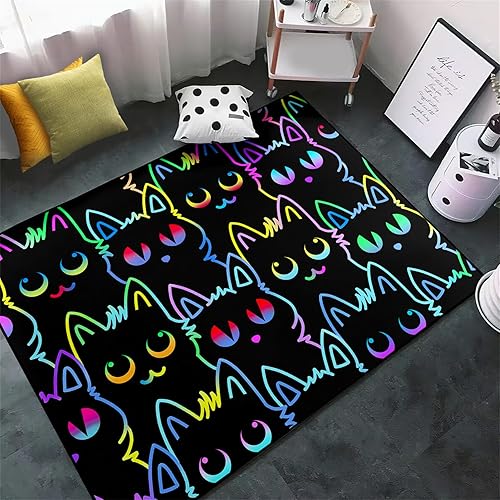 Alfombra de área de gatos para niñas, bonita alfombra con patrón de gatos para dormitorio, baño, hogar, sala de estar, gato negro neón, tapete para
