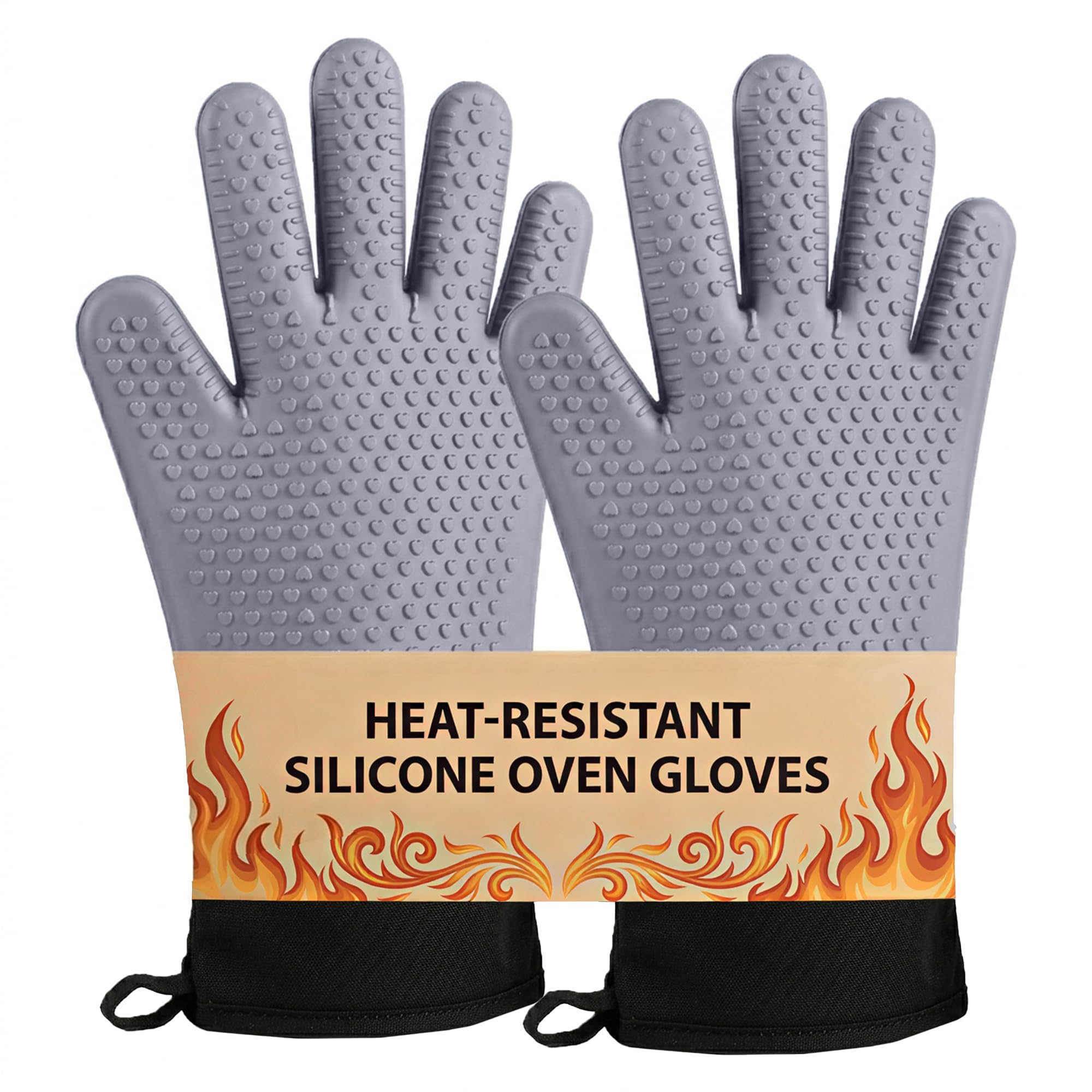 J&A Marts® Premium Double Oven Gloves - Heat Resistant Oven Mitts & Potholder -Non-slip Silicone Design -Maximum Heat Protection- Machine Washable for Home & Kitchen (Grey)