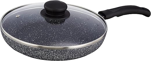 Amazon Solimo Granite Finish Fry Pan with Glass Lid | Induction Base | PFOA Free | High Temperature Resistant Exterior Coating | 22 cm | Grey