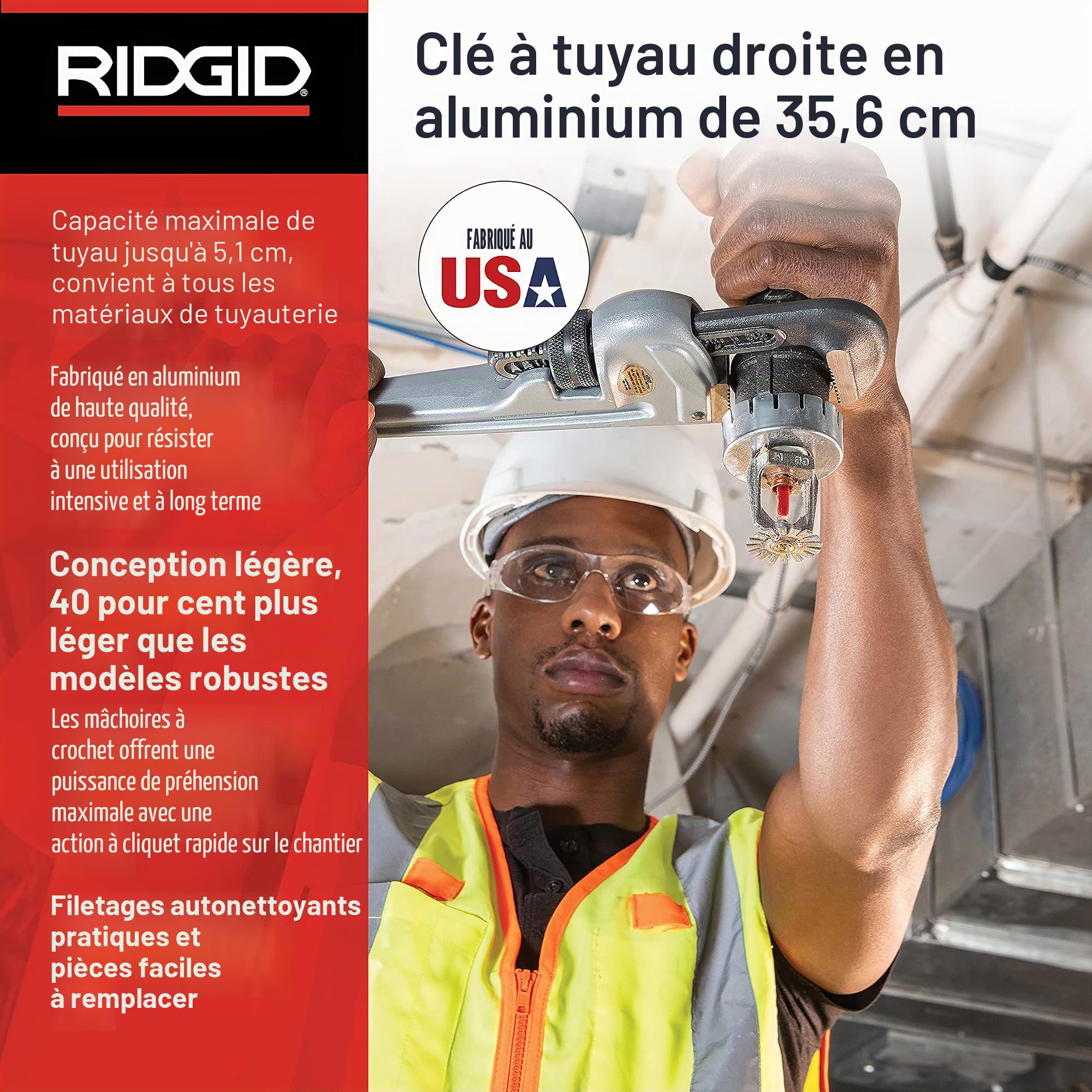 RIDGID 31095 Clé serre-tubes droite en aluminium modèle 814, clé de plomberie de 350 mm