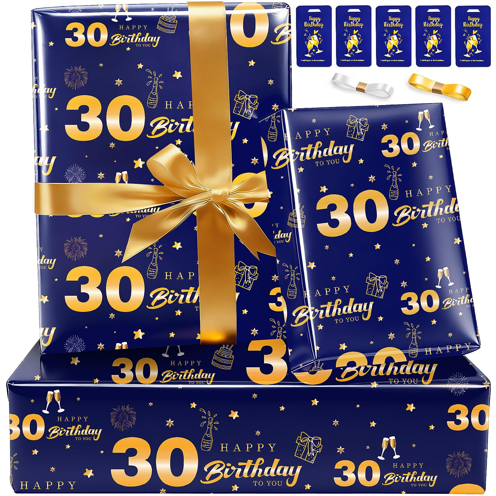 30th Birthday Wrapping Paper Set with Tags Ribbons,Birthday Gift Wrapping Paper for Men Him Happy Birthday Paper Wrapping Present Wrap Luxury Gift Wrap Paper for Birthday Gifts Decorations Blue Gold