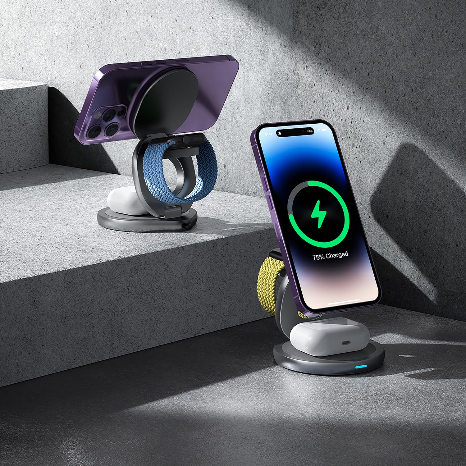 Forever - Estación de carga magnética inductiva 3 en 1 gris - Soporte con cargador inalámbrico de 15 W - Cargadores de teléfono con rotación de 360° - Estación de cargador de inducción para iPhone