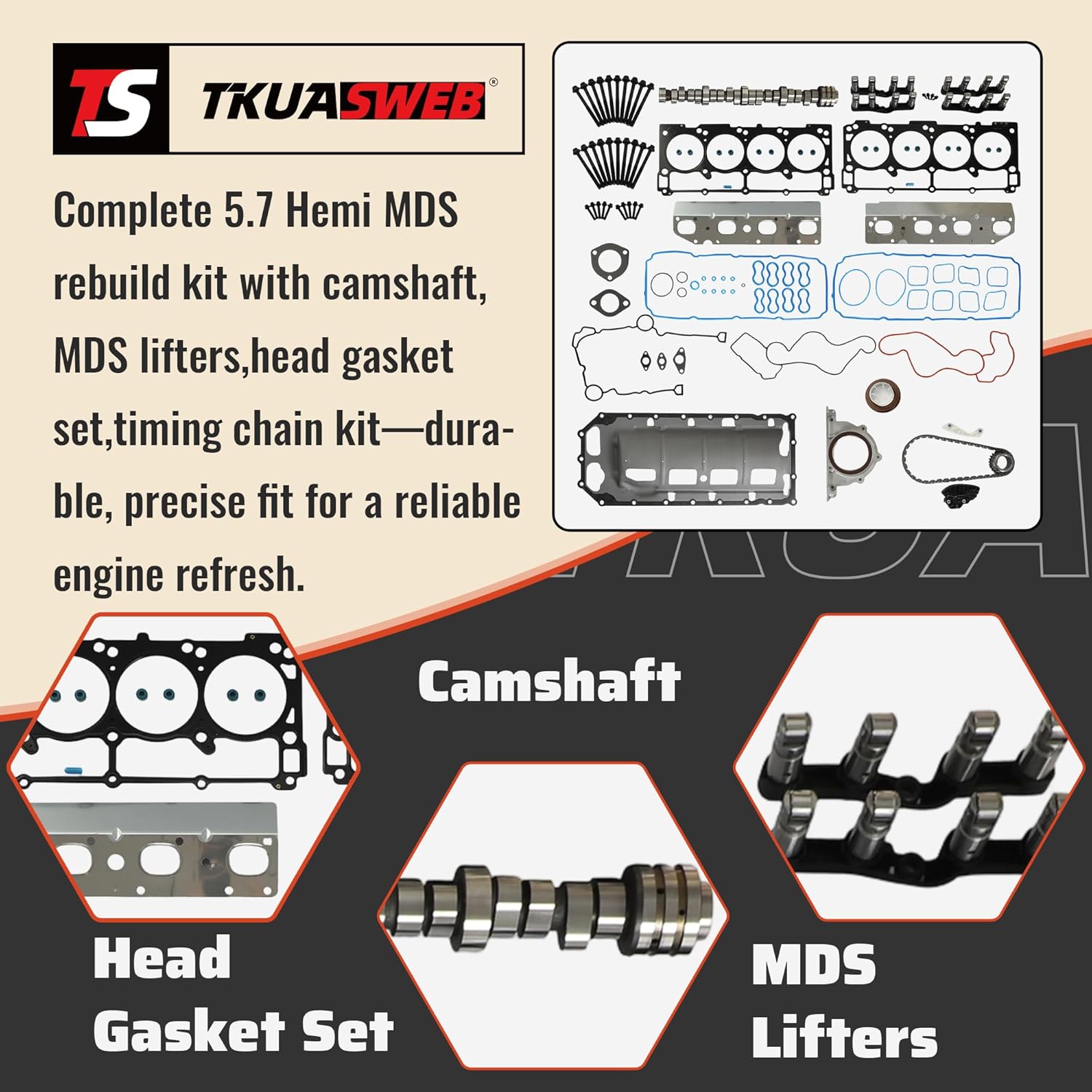5.7 HEMI MDS Camshaft Lifter Kit & Oil Pan Gasket Head Gasket Set Fit For Chrysler 300 Dodge Challenger Charger Durango Jeep Grand Cherokee 5.7L V8 2009-2015 53022372AA 53021726AE