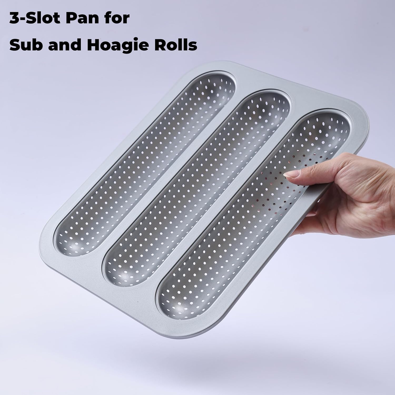 Metal Sub Roll & Hoagie Roll Baking Pan 12 inch, 3-Slot Perforated French Bread & Mini Baguette Pan, Nonstick Carbon Steel Bread Baking Tray for Homemade Subs & Sandwich Rolls