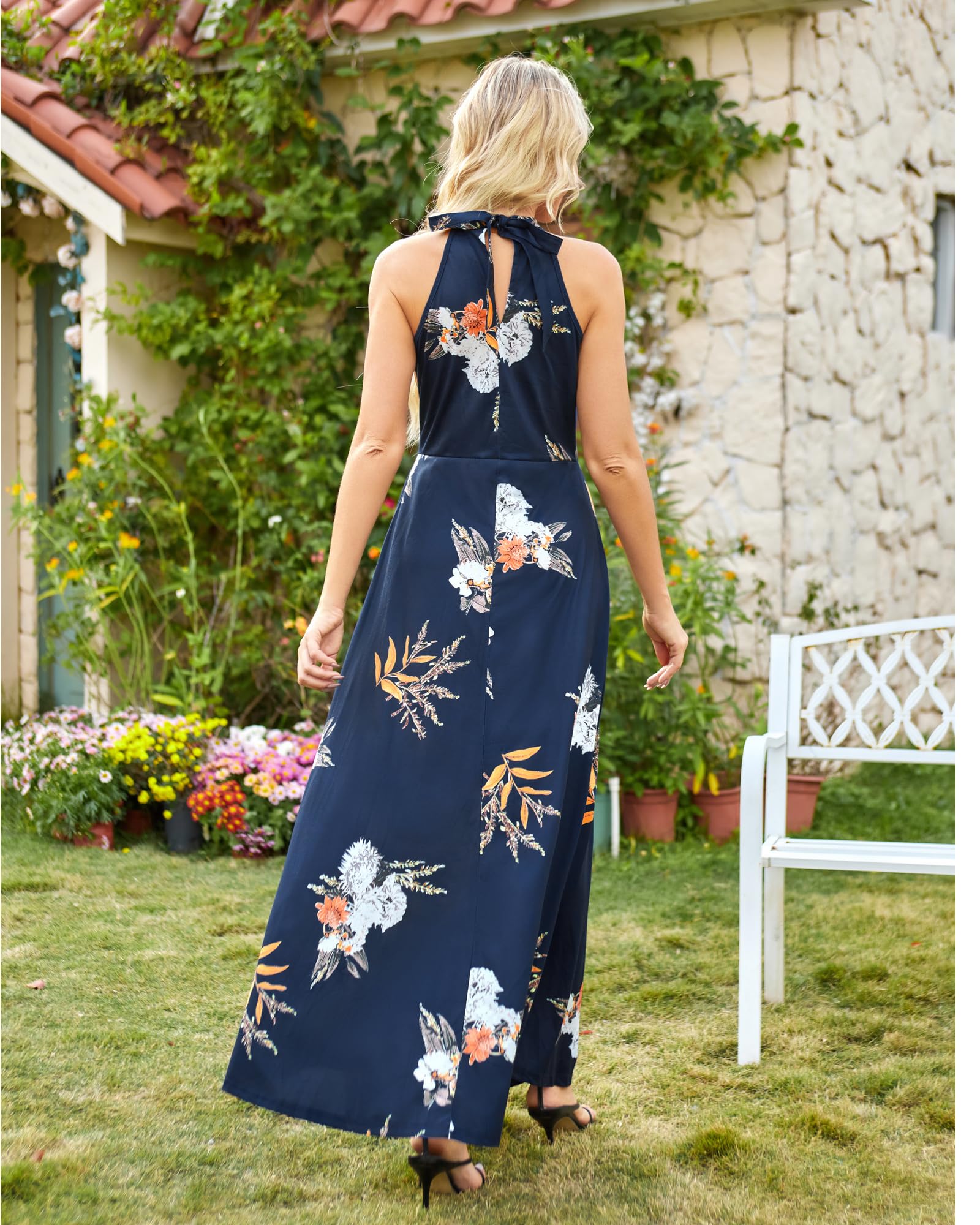 STYLEWORD Vestido Largo Con hombros descubiertos y Sin Mangas Con Estampado Floral Para Mujer Vestido Largo Elegante Con Cuello Halter
