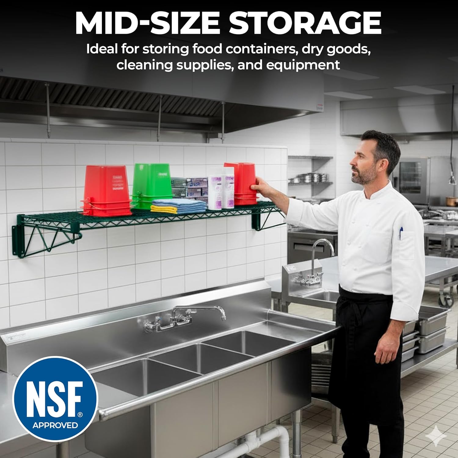Premium Epoxy Green Wire Wall Shelf | NSF Certified | Compact Wall-Mounted Storage Rack for Food Service, Utility & Commercial Use (14" x 30")