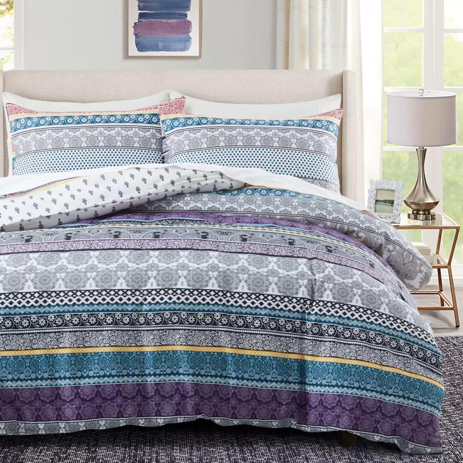 E-yimeng Bohemian Bedding Sets Boho Duvet Cover Sets Superking Duvet Sets, with 2 Pillowcase Zipper Luxury Reversible Hotel Quality Easy Care Super Soft Bedding Collections 260x220 cm Mandala Purple
