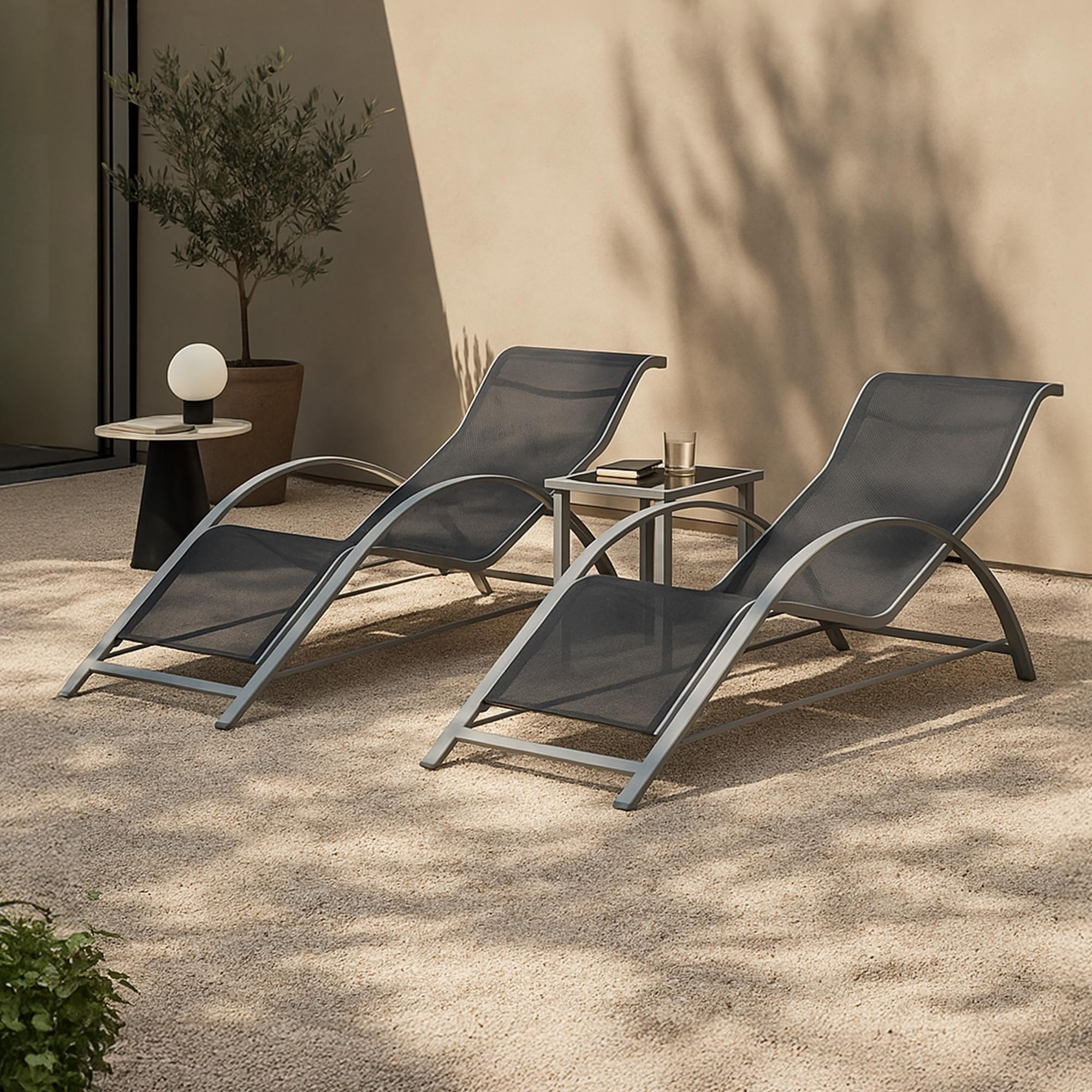 [en.casa] Juego de Muebles de Jardín Binetto Set de 2 Tumbonas con 1 Mesa Exterior Balcón Terraza Piscina Jardín Acero Vidrio - Gris Negro