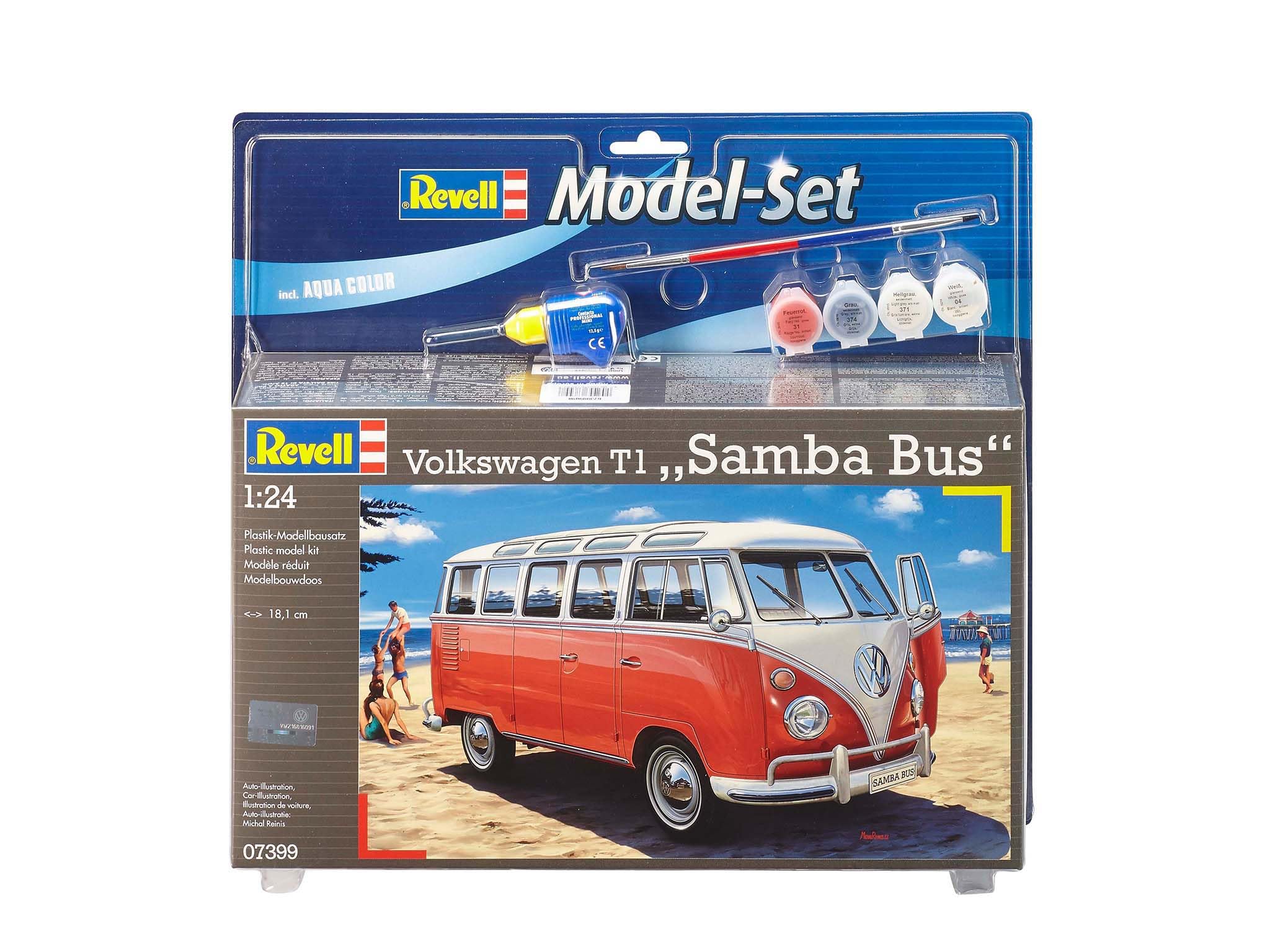 Revell Zestaw modeli 67399 Volkswagen T1 "SAMBA BUS" w skali 1:24, niezabudowany/niepomalowany zestaw modeli z tworzywa sztucznego z profesjonalnym klejem Contacta, pędzlem i wybranymi farbami w