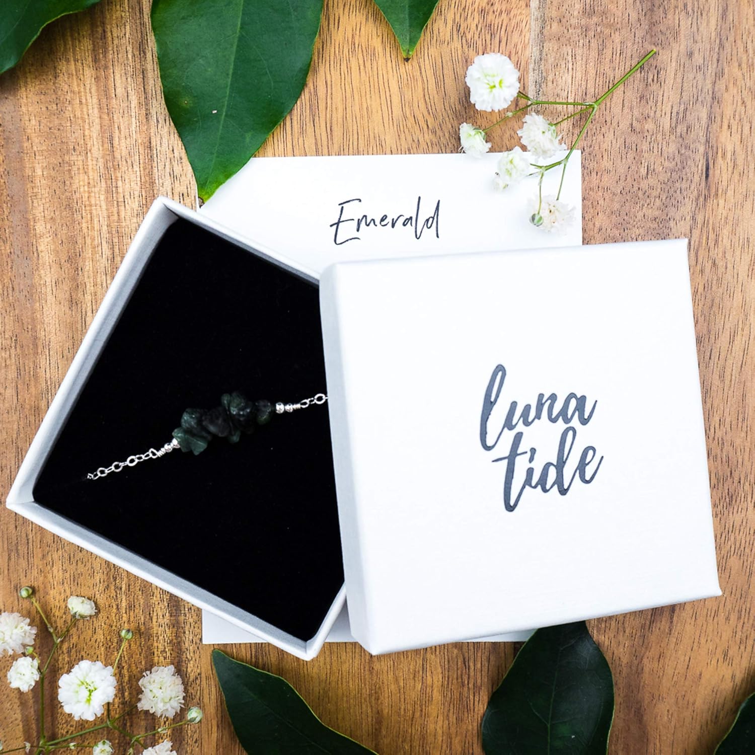 Luna Tide Emerald Chip Bead Bar Anklet in Sterling Silver