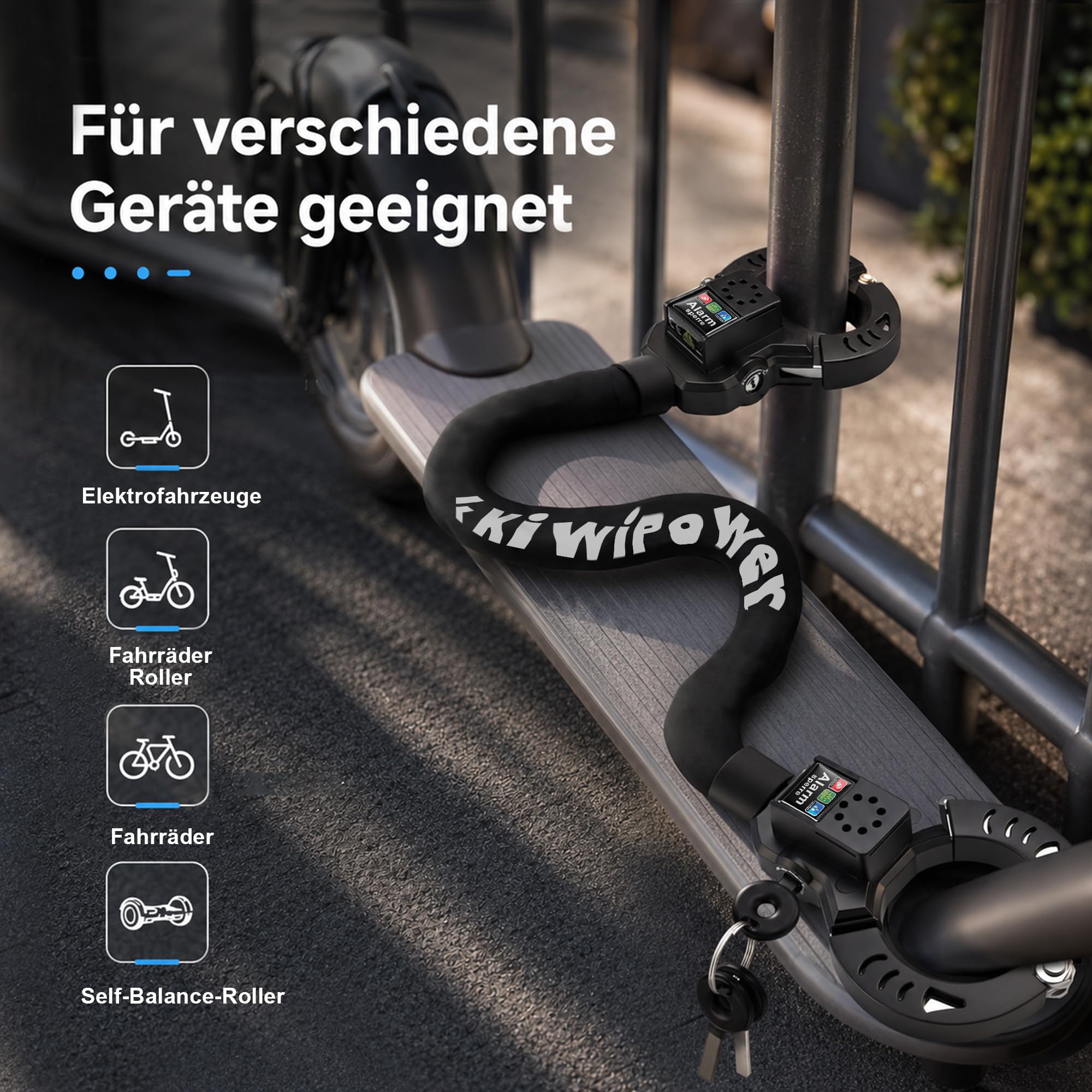 Antivol pour scooter électrique avec alarme 110 dB, menottes avec clé, chaîne de 90 cm avec poche, chaîne en acier de 8 mm, protection antivol pour scooter électrique, vélo, vélo électrique