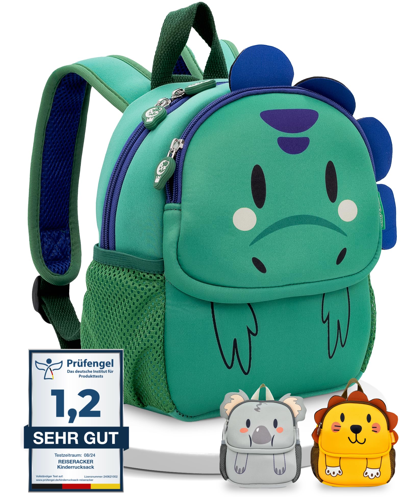 REISERACKER Kindergartenrucksack ab 1 Jahr mit Tiermotiv für Kita – grün | Wasserabweisend & kratzfest mit Reflektoren – zwei Hauptfächer, Namensschild & kinderfreundlicher Reißverschluss