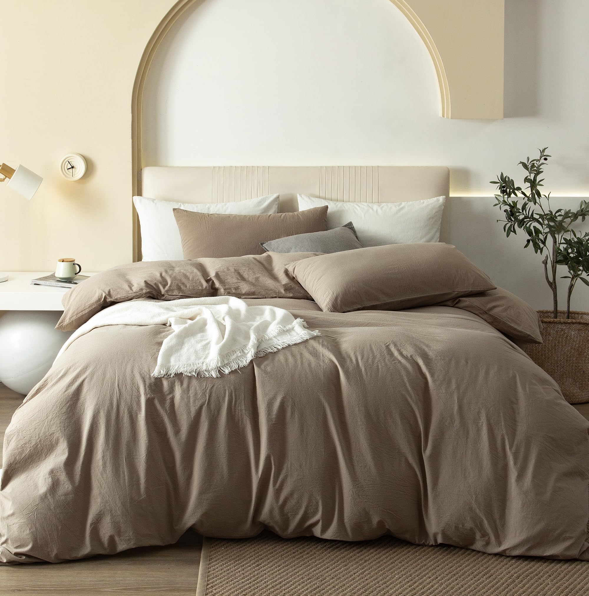JIYUAN 100% Washed Cotton Duvet Cover Set Comfy Simple Style Soft Breathable Textured Durable Linen Feel Bedding for All Seasons King, Khaki