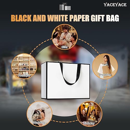 Miniatura 7 de Bolsas de regalo en blanco y negro, 20 unidades, 10.5 x 4.25 x 8 pulgadas, medianas bolsas de regalo blancas y negras con asas de cinta, bolsas de