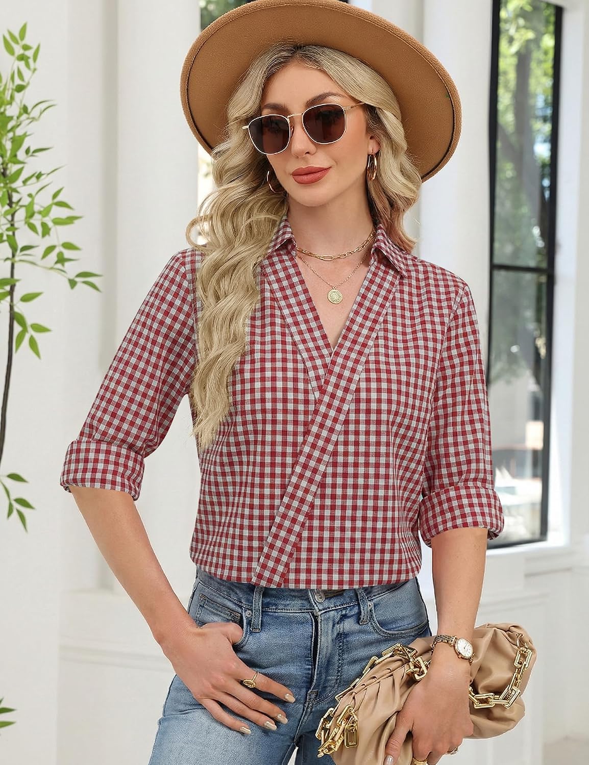 LOMON 3/4 Length Sleeve Womens Tops Dressy V Neck Collared Shirts Trendy Business Casual Work Blouses Vacation Outfits 2026 thumbnail