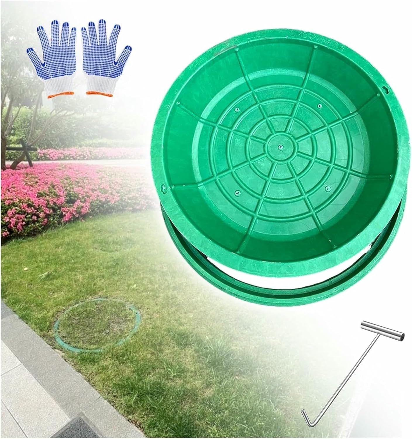 Septic Tank Round Covers and Frame Grass Top, Underground Drainage Invisible Cover with Hand Pull Holes & Hook, 40 50 60 70 80 90 100cm Resin Invisible Manhole Cover Frame~/