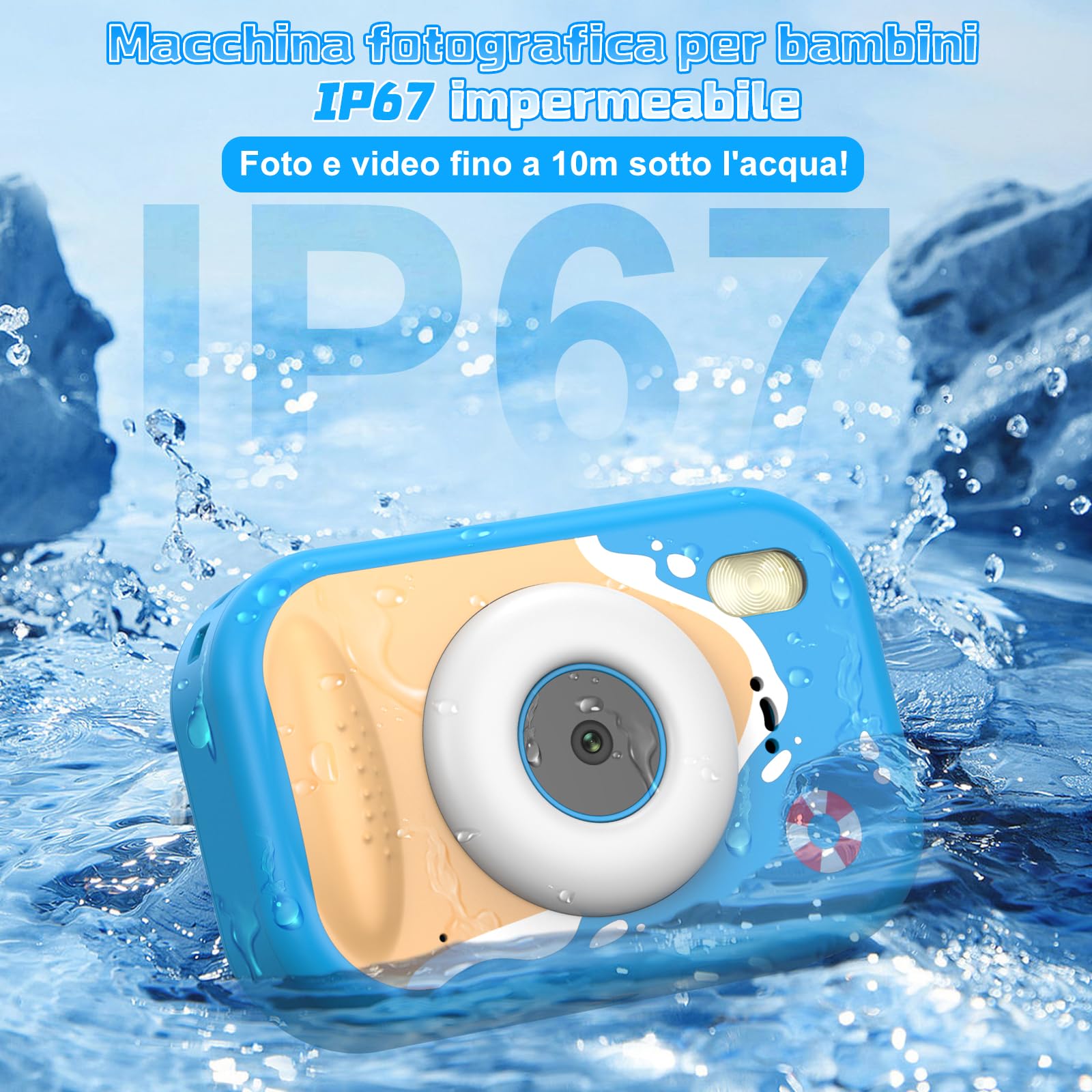 CHAKEYAKE Macchina Fotografica Bambini, 1080P IP67 Fotocamera Impermeabile Bambini con Zoom 10X, Schermo 2.4'', Scheda 32GB Inclusa, Giocattolo per Piscina e Spiaggia, Regalo per 3–12 Anni, Blu