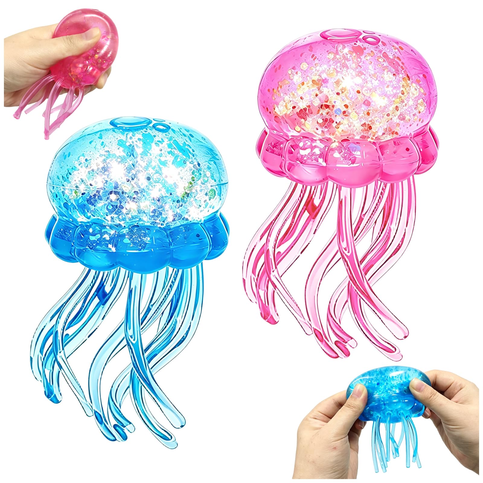 KutaKuta 2 Piece Jellyfish Squishy Toy,Sugar Squishy Glitter Stress Balls Stress Relief Fidget Toy Soft Sensory With Wiggly Tentacles Portable Anxiety Relief Squeeze Ball for Office School & Travel