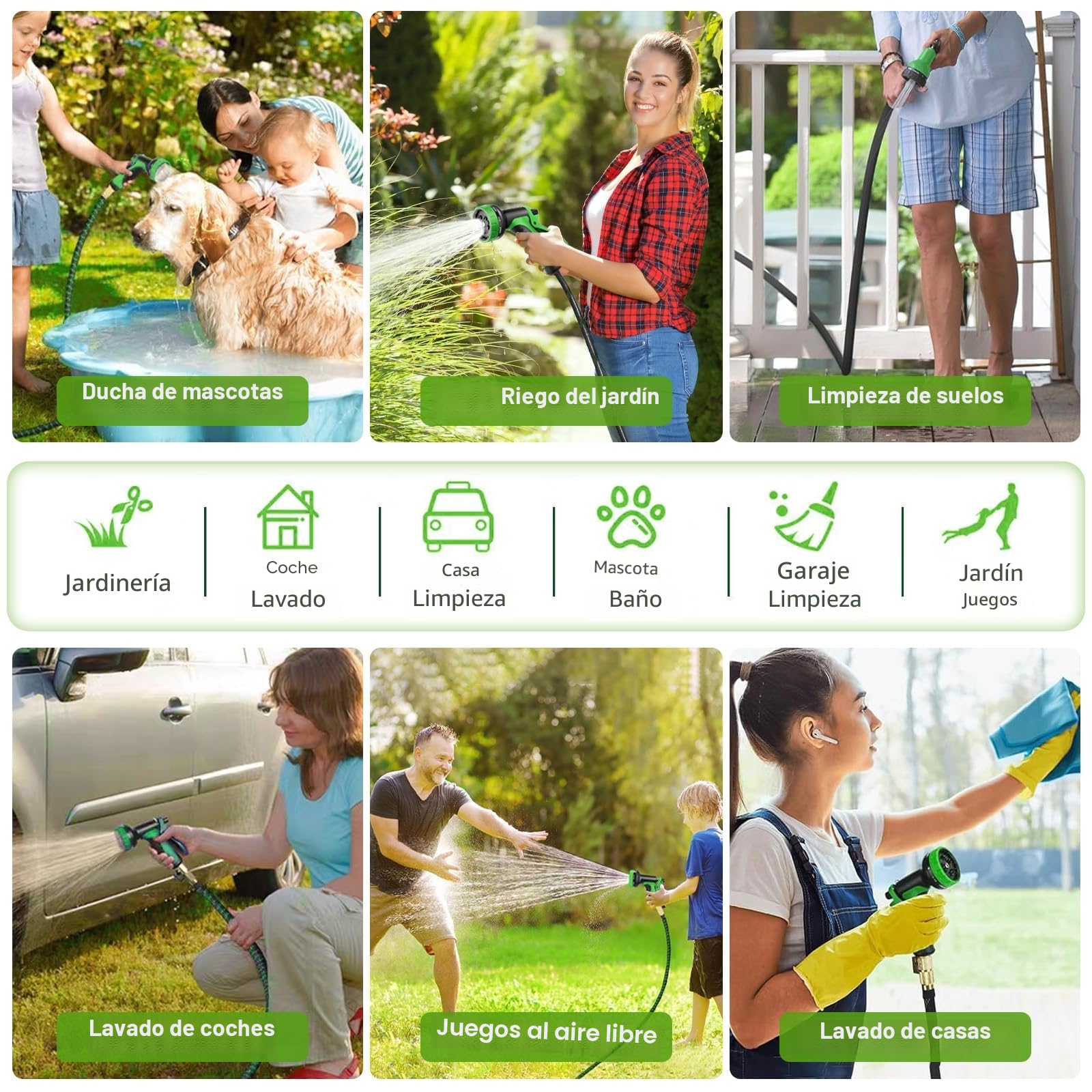 Manguera Extensible 15 Metros con Pistola de Riego 10 Funciones | Flexible, Resistente y Antienredos | Conectores de Latón 1/2" y 3/4" Antifugas | Ideal para Jardín, Exteriores y Lavado de Coches