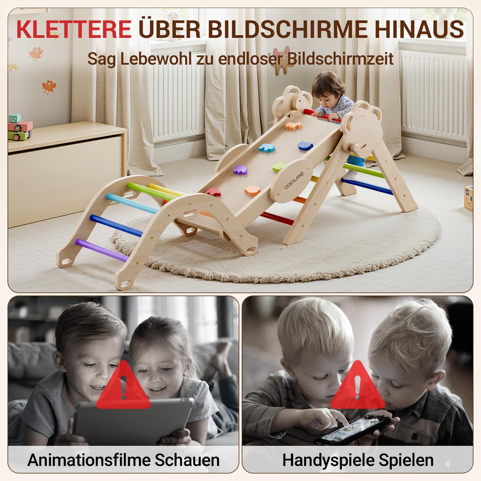 COSYLAND 8-in-1 Montessori Klettergerüst Holz ab 18 Monate – Kletterdreieck mit Rutsche & Kletterbogen, Natur – Indoor Spielplatz für Kleinkinder bis 3 Jahre